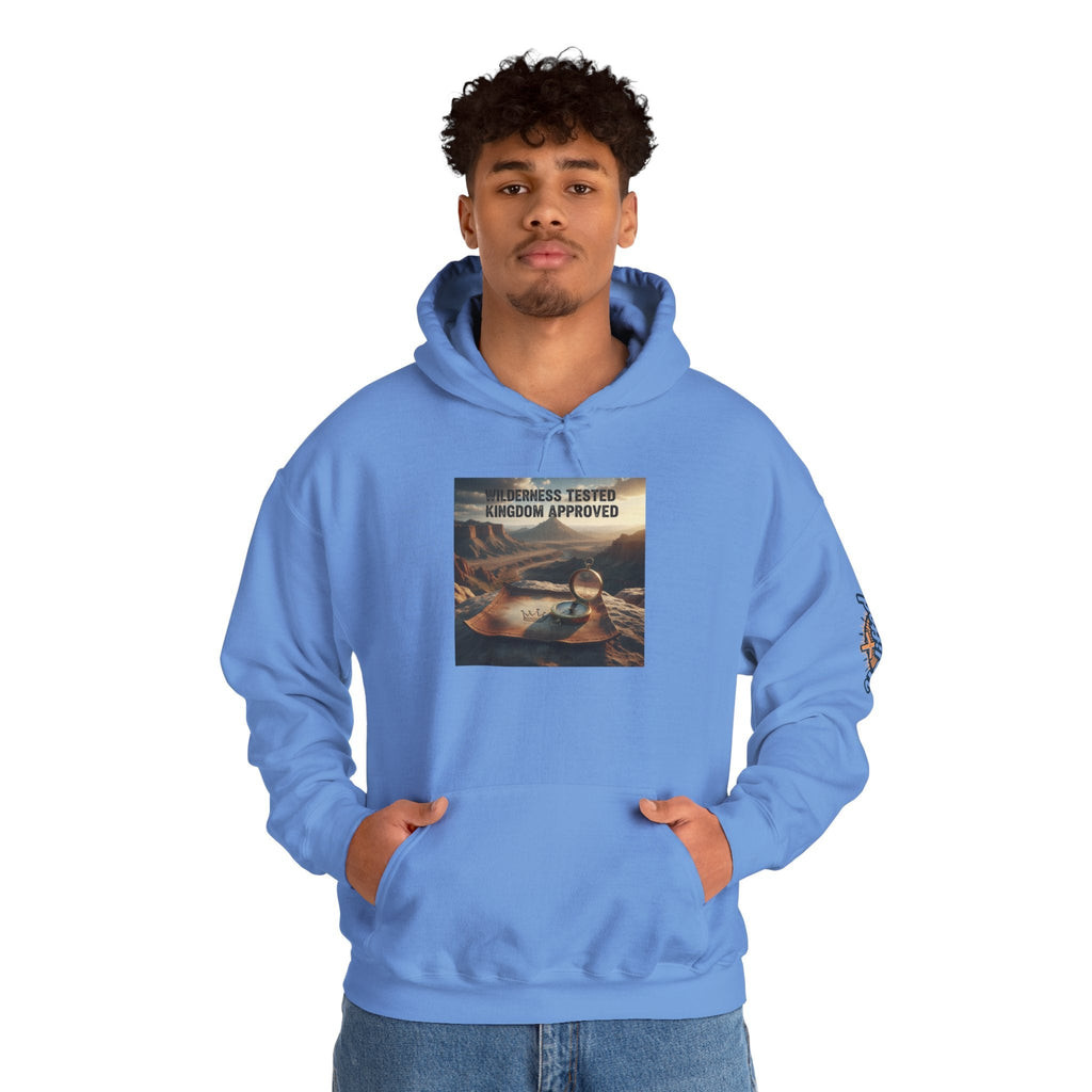 Wilderness Tested Kingdom Approved Hoodie – Mountain Desert Compass Crown Christian Sweatshirt for Biblical Adventure Faith Printify