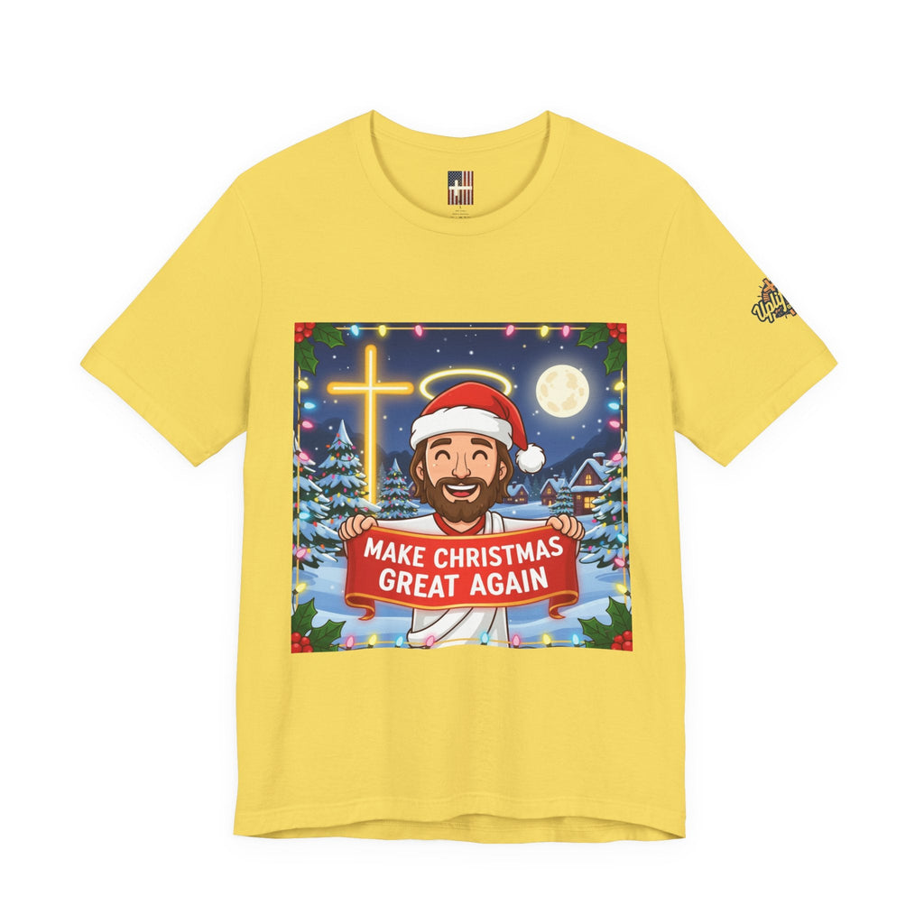 🎄 Make Christmas Great Again – Funny Christian T-Shirt | Jesus Holding Banner | Faith-Based Holiday Parody Tee | Uplifted Gear Printify