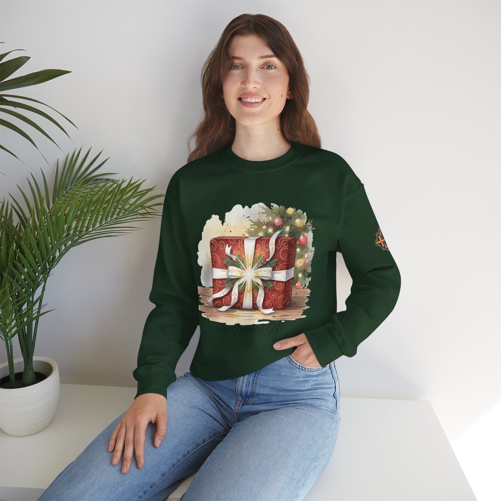 The Greatest Gift Sweatshirt – Cross Bow Present Christian Sweatshirt for Christmas Salvation & Eternal Faith Printify
