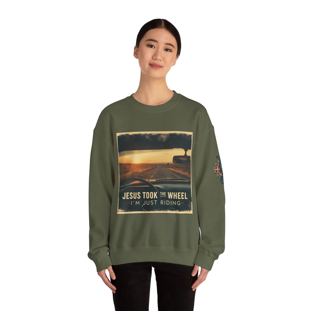 Jesus Took the Wheel I'm Just Riding Sweatshirt – Funny Christian Convertible Car Sweatshirt for Surrendered Faith & Humor
