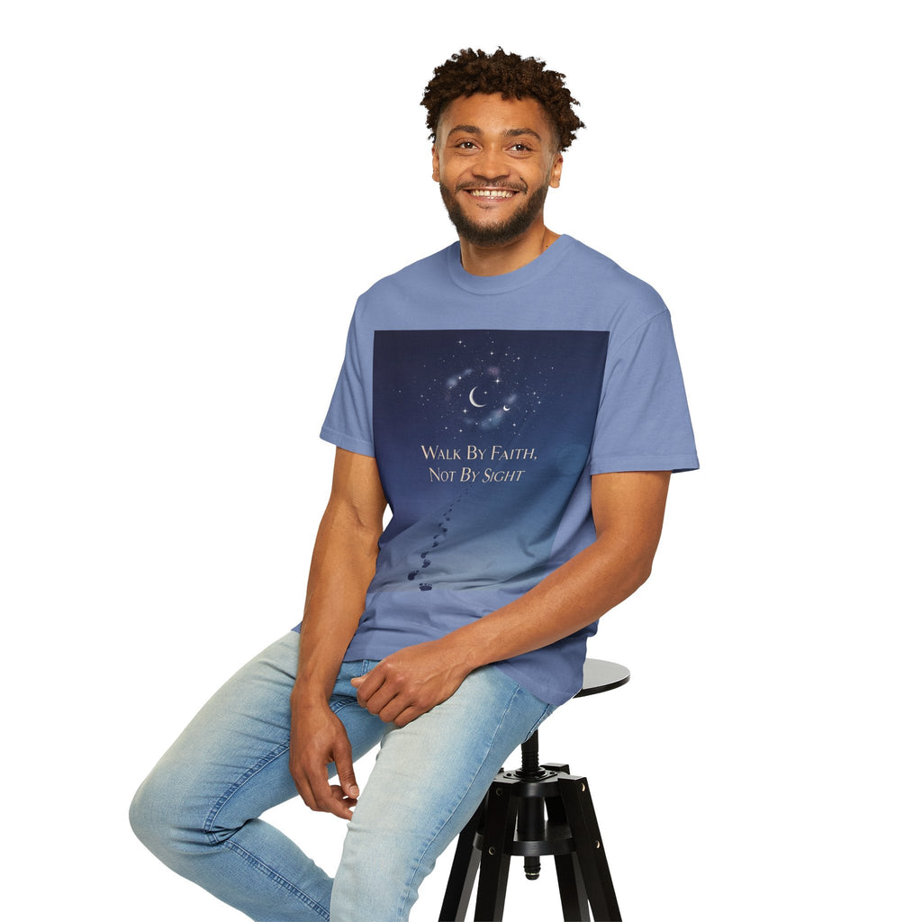Walk by Faith, Not by Sight T-Shirt – Footprints in the Sand Christian Moonlit Tee Printify