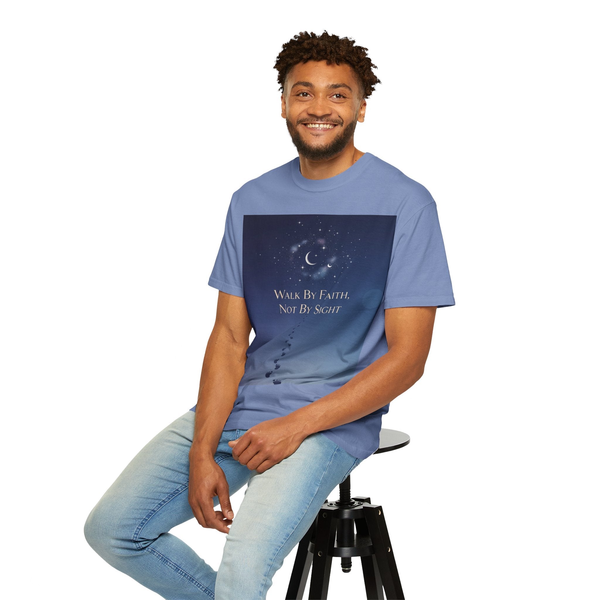 Walk by Faith, Not by Sight T-Shirt – Footprints in the Sand Christian Moonlit Tee Printify