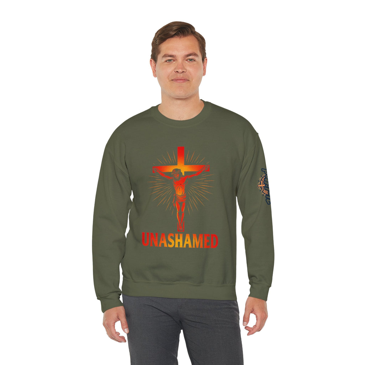 Unashamed Sweatshirt – Romans 1:16 Crucifixion Christian Sweatshirt for Bold Unwavering Faith Printify