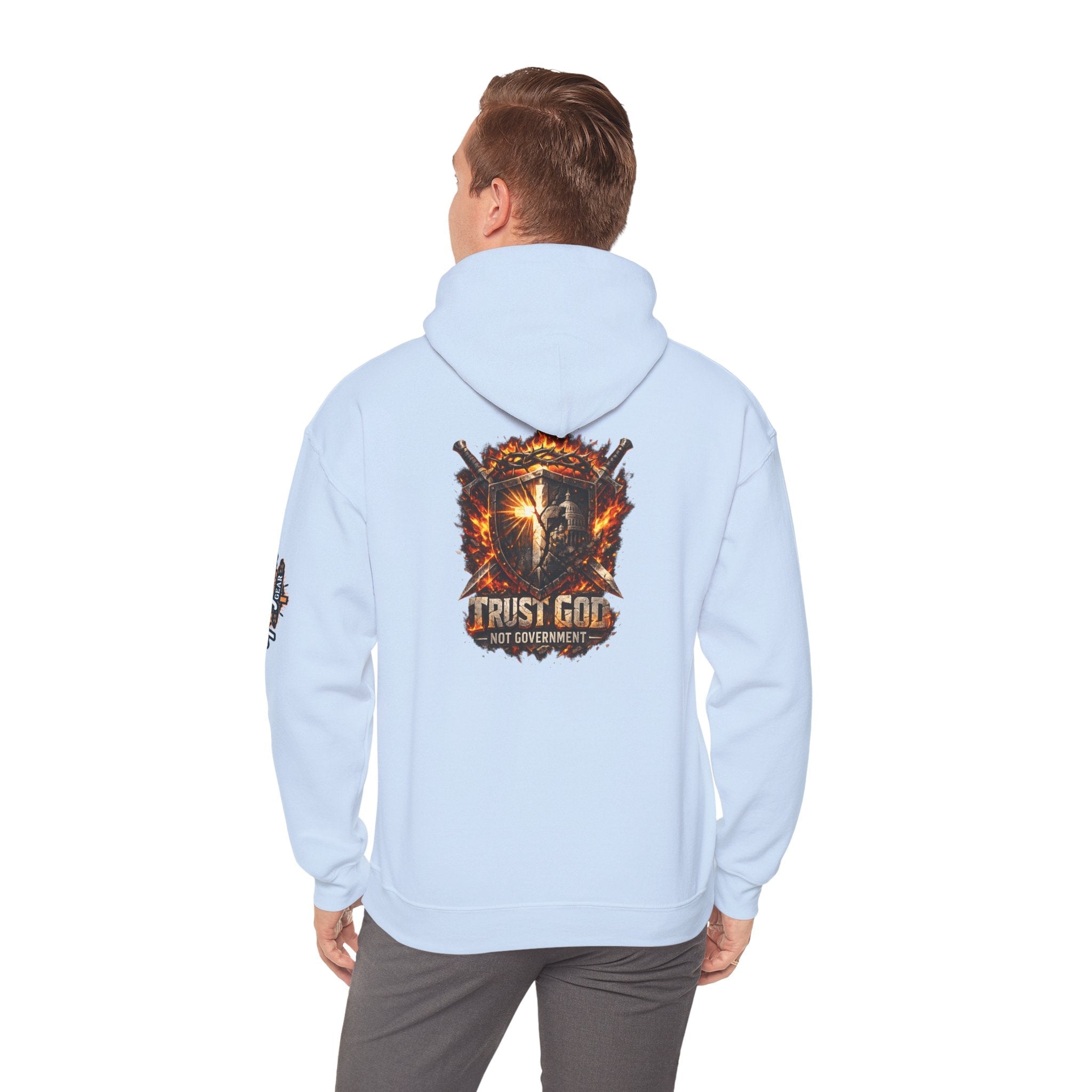 Trust God Not Government Shield Hoodie — Patriotic Christian Faith Hoodie Printify