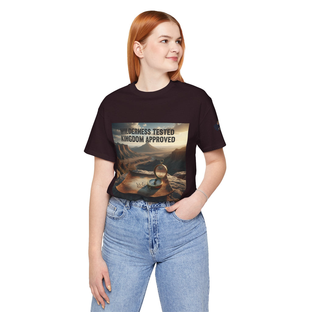 Wilderness Tested Kingdom Approved T-shirt – Mountain Desert Compass Crown Christian T-shirt for Biblical Adventure Faith Printify