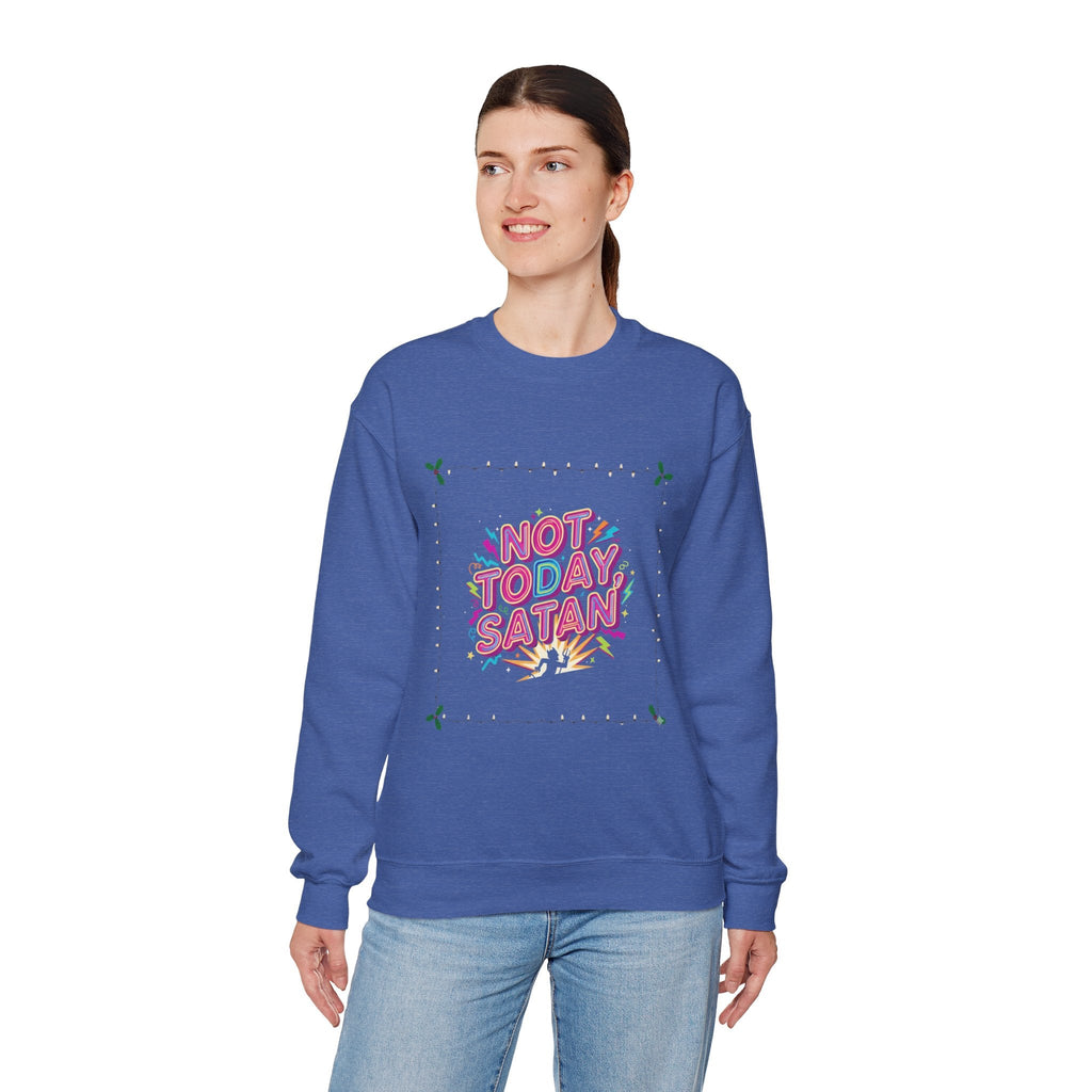 🔥 Not Today, Satan – Retro 90s Christian Sweatshirt | Neon Faith Tee | Funky Cartoon Devil | Bold Bible Verse Shirt | Uplifted Gear Printify