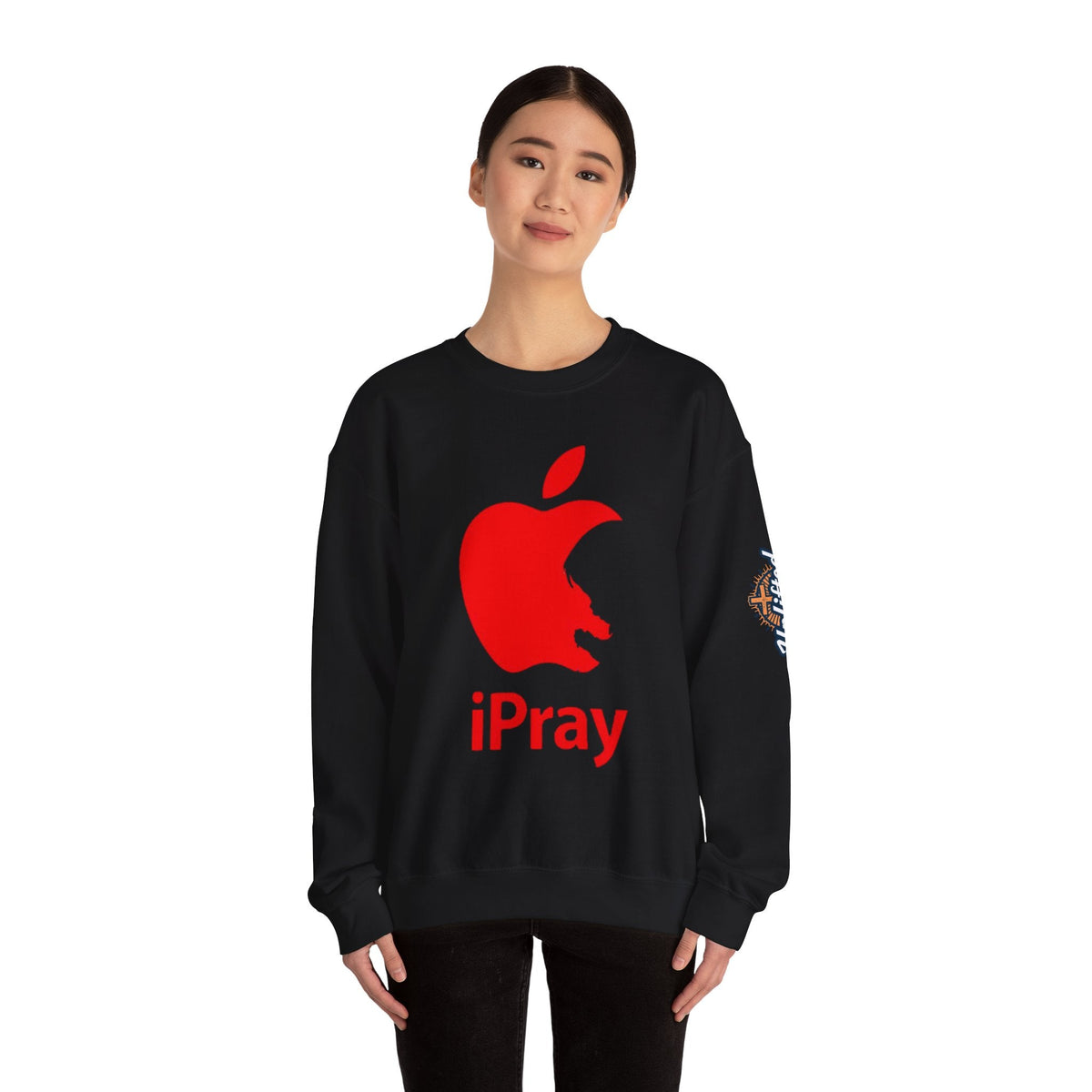 iPray Apple Logo Sweatshirt — Funny Christian Sweatshirt (Minimal Red Apple Graphic) Printify