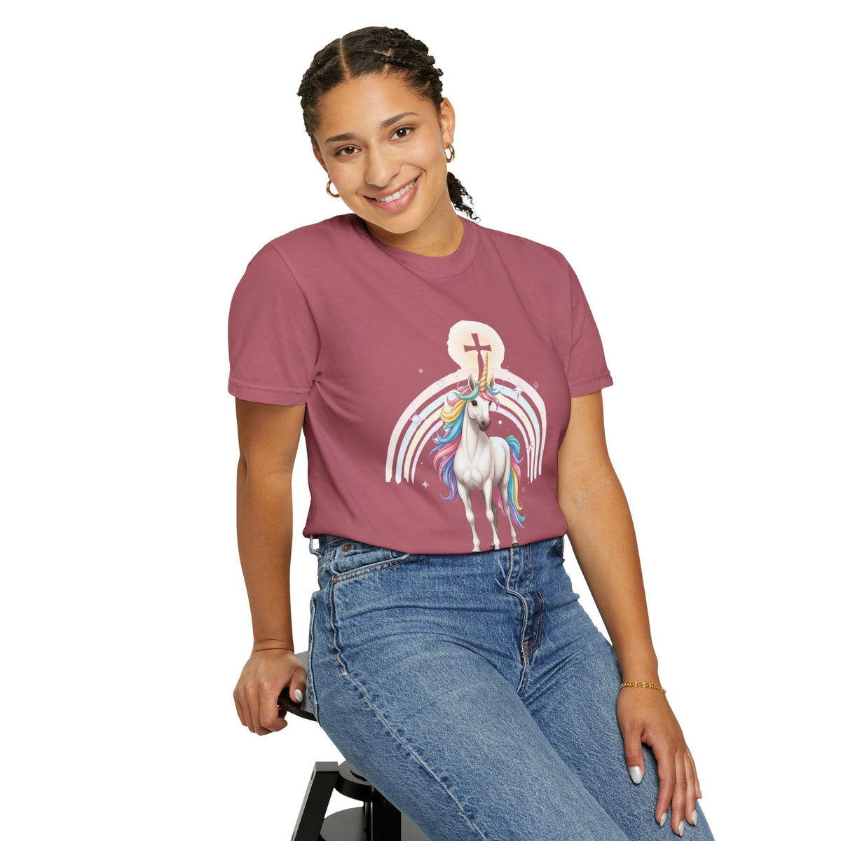 Unique Unicorn Christian T-Shirt – Wonderfully Made with Rainbow Cross & Psalm 139:14 Printify