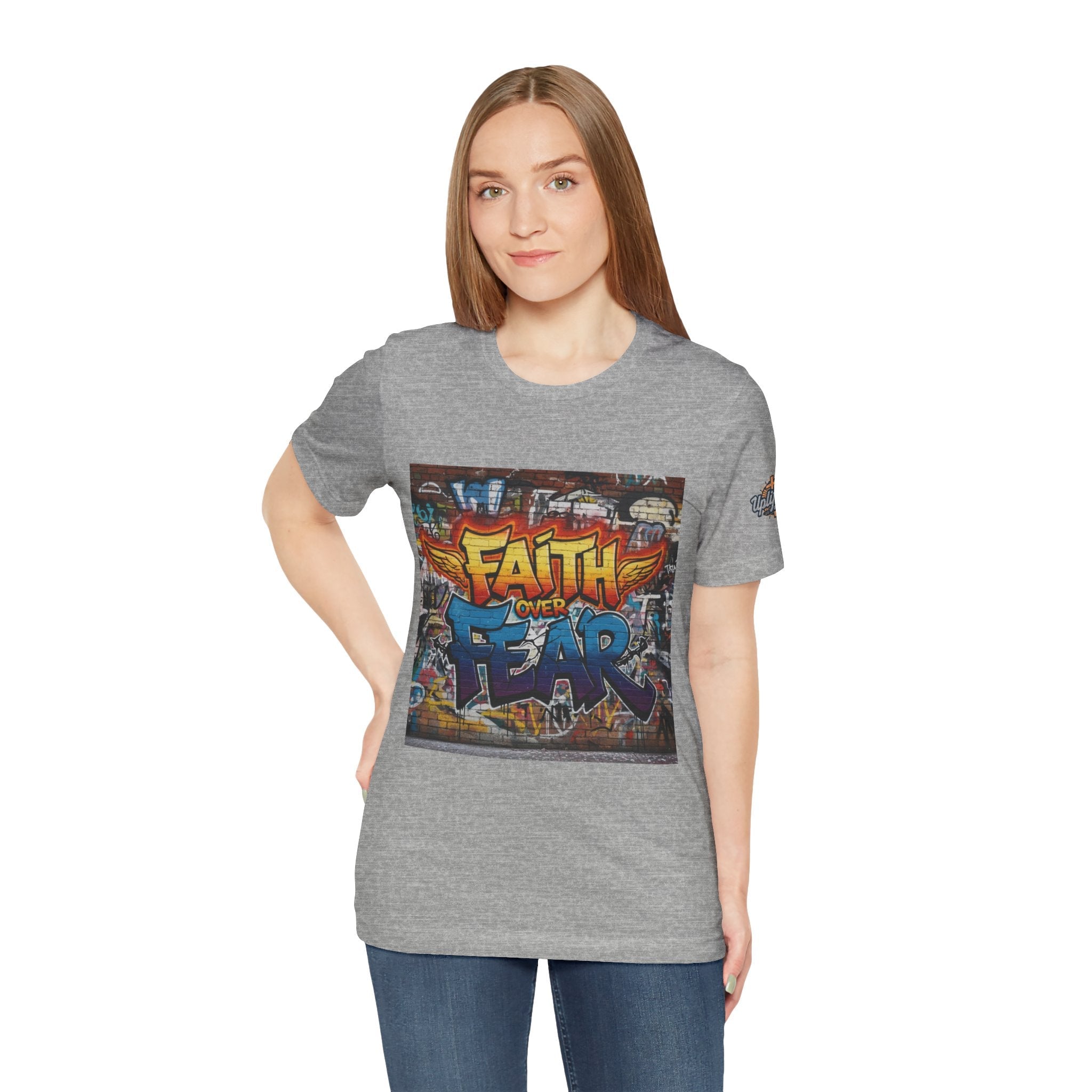 Faith Over Fear T-shirt – Graffiti Wall Christian T-shirt for Bold 2 Corinthians 5:7 Streetwear & Unshakable Faith Printify
