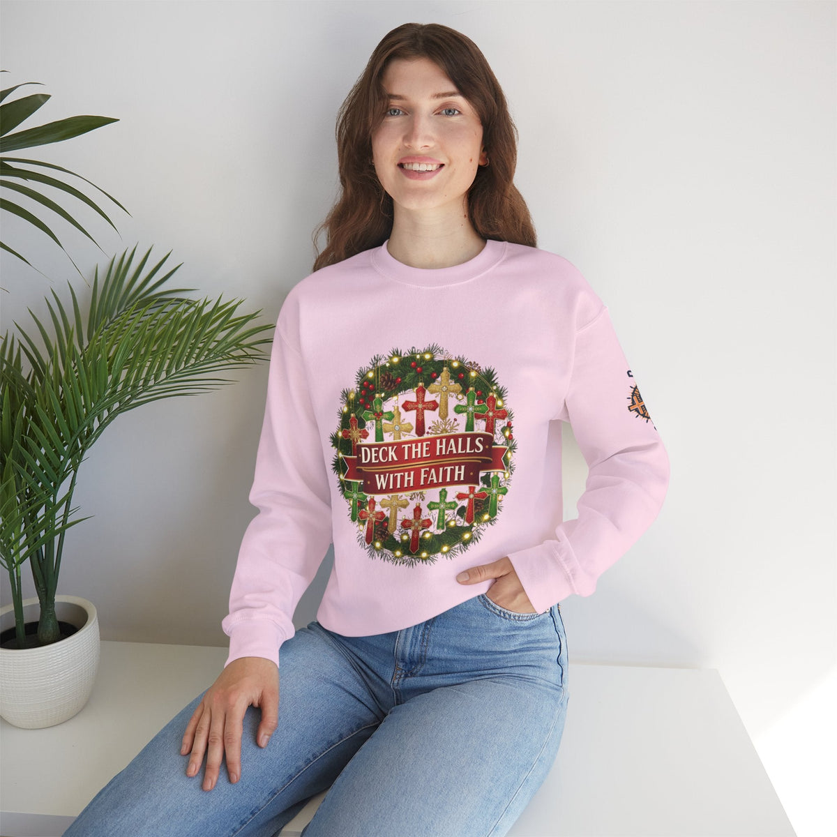 🎄 Deck the Halls with Faith – Christian Christmas Sweatshirt | Cross Ornament Design & Festive Garland | Bold Holiday Faith Tee by Uplifted Gear Printify