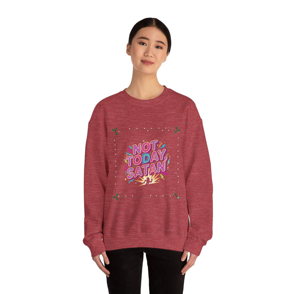🔥 Not Today, Satan – Retro 90s Christian Sweatshirt | Neon Faith Tee | Funky Cartoon Devil | Bold Bible Verse Shirt | Uplifted Gear Printify