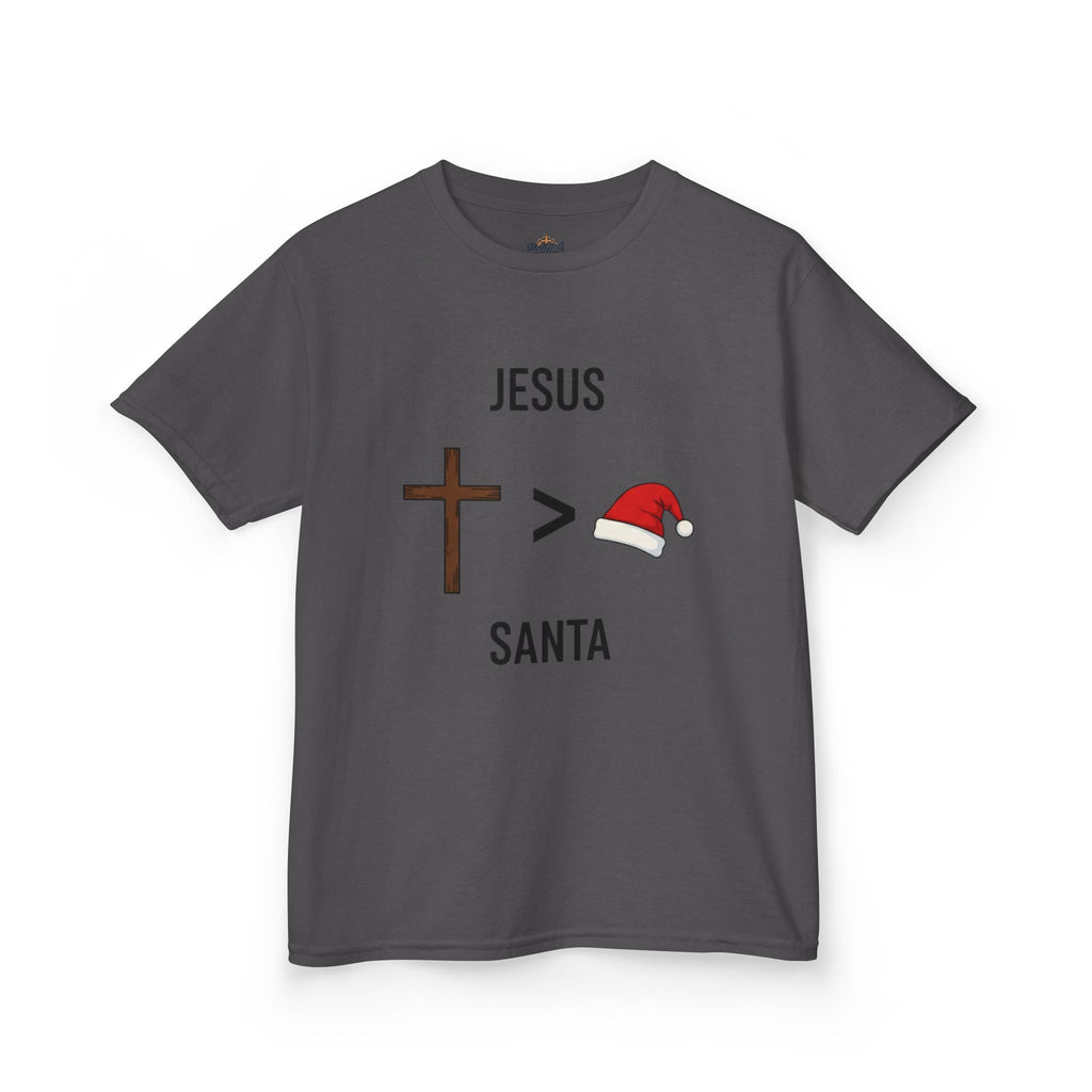 🎄 Jesus > Santa – Minimalist Christian Christmas Kids T-Shirt | Bold Faith Over Holiday Tee | Cross vs Santa Hat Design | Uplifted Gear Printify