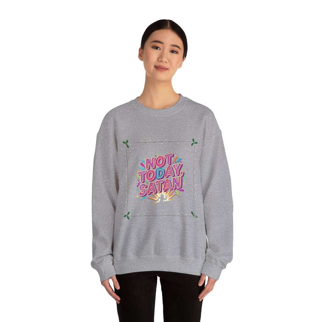 🔥 Not Today, Satan – Retro 90s Christian Sweatshirt | Neon Faith Tee | Funky Cartoon Devil | Bold Bible Verse Shirt | Uplifted Gear Printify