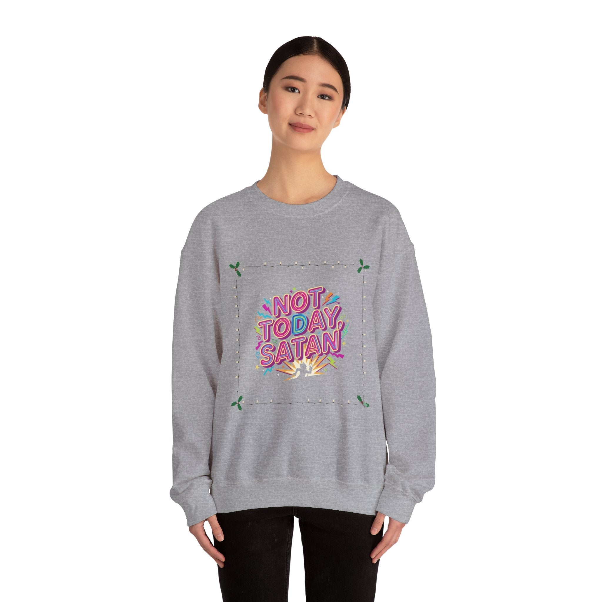 🔥 Not Today, Satan – Retro 90s Christian Sweatshirt | Neon Faith Tee | Funky Cartoon Devil | Bold Bible Verse Shirt | Uplifted Gear Printify