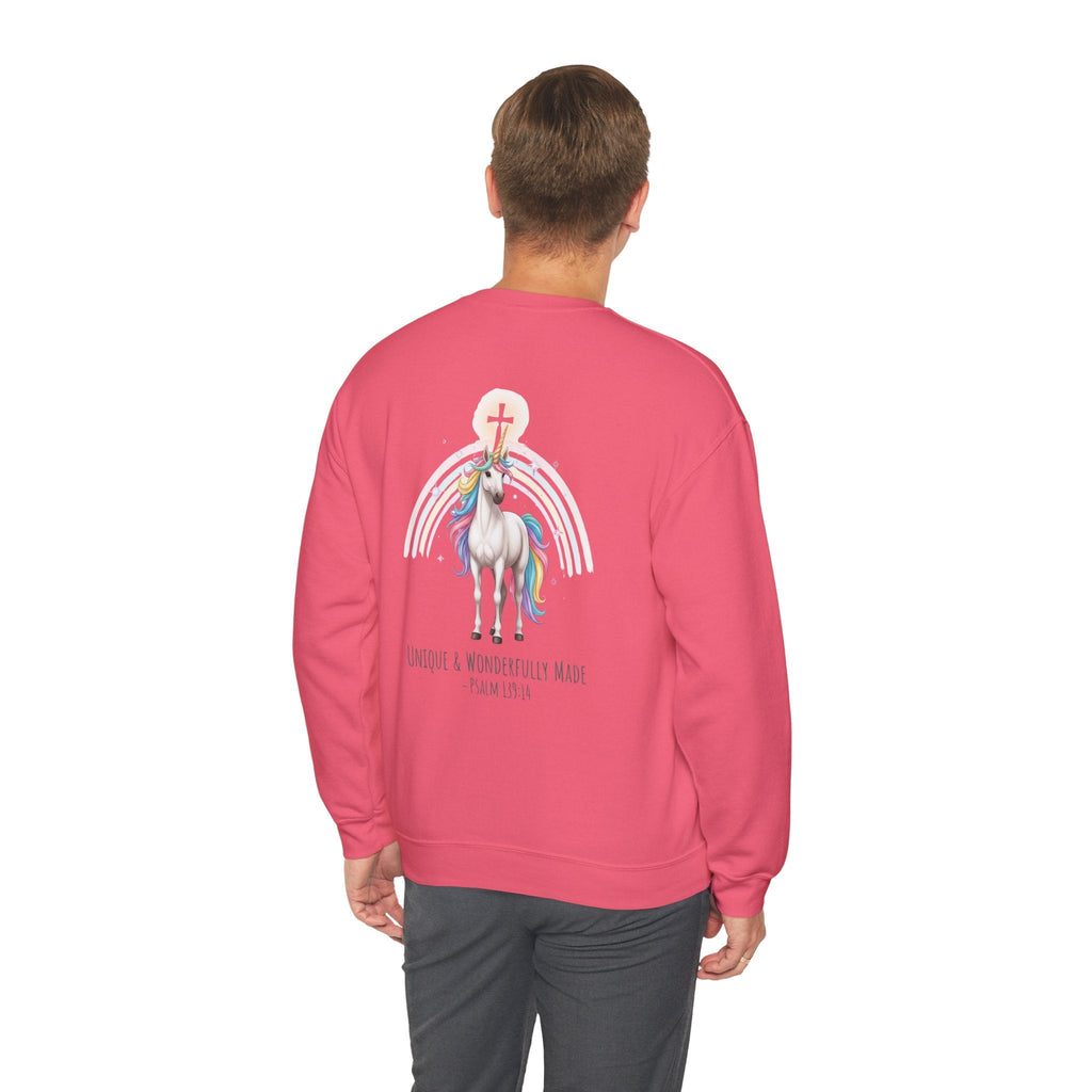 Unique Unicorn Sweatshirt – Rainbow Cross Psalm 139:14 Christian Sweatshirt for Wonderfully Made Printify