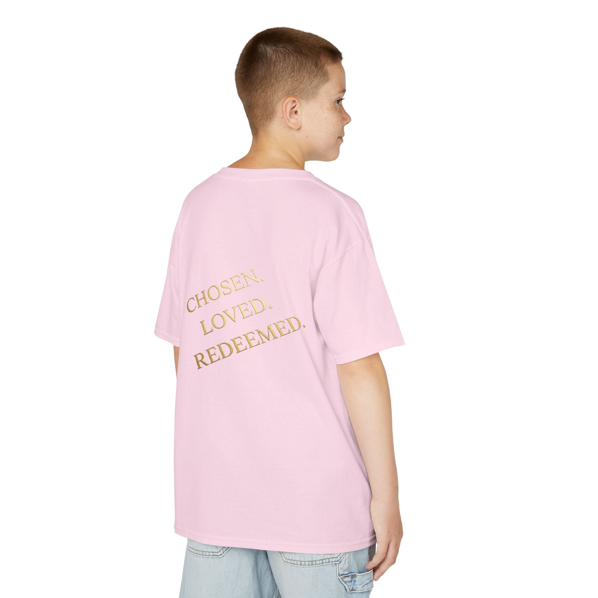 ✨ Chosen. Loved. Redeemed. – Elegant Christian Kids T-Shirt | Gold Foil Faith Tee | Subtle Cross & Heart Design | Inspirational Bible Verse Apparel by Uplifted Gear Printify