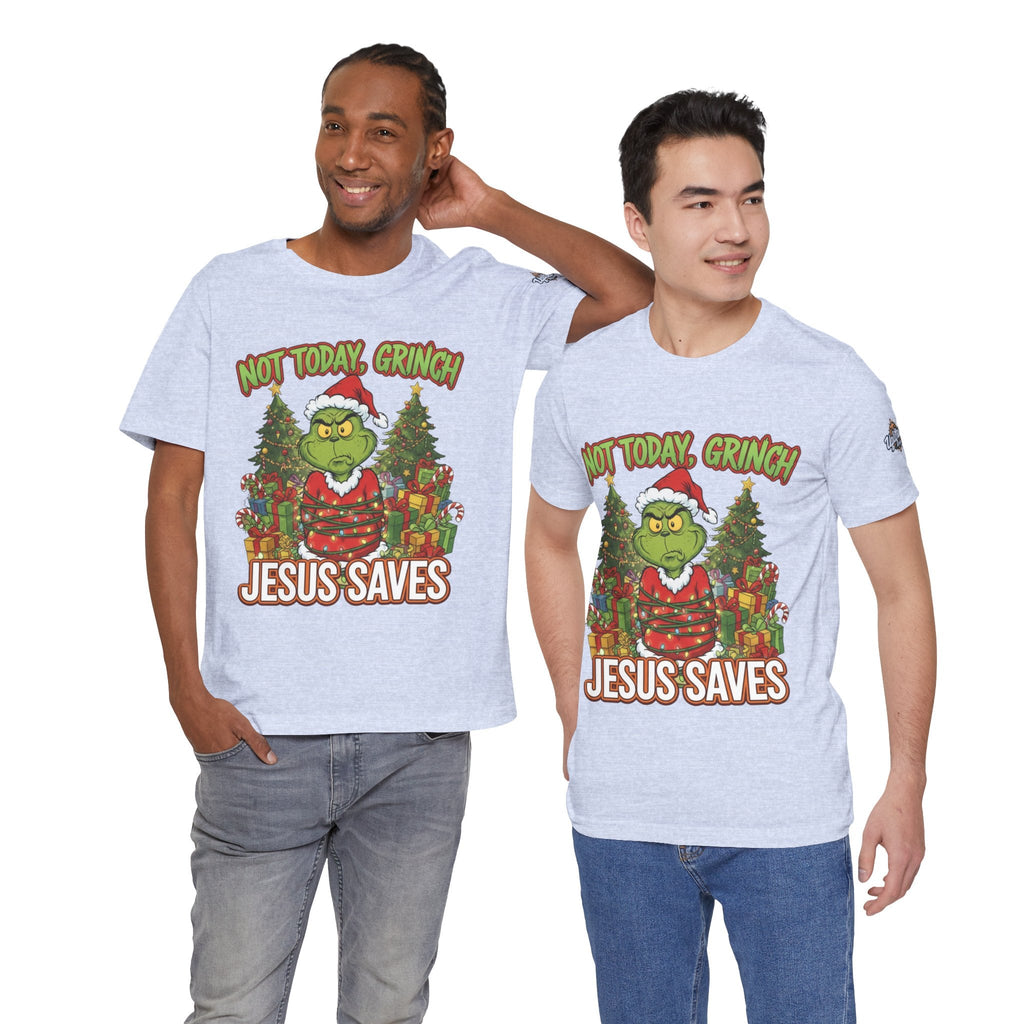 🎄 Not Today, Grinch – Jesus Saves | Funny Christian Christmas T-Shirt | Sulking Grinch & Glowing Cross | Bold Neon Faith Tee by Uplifted Gear Printify