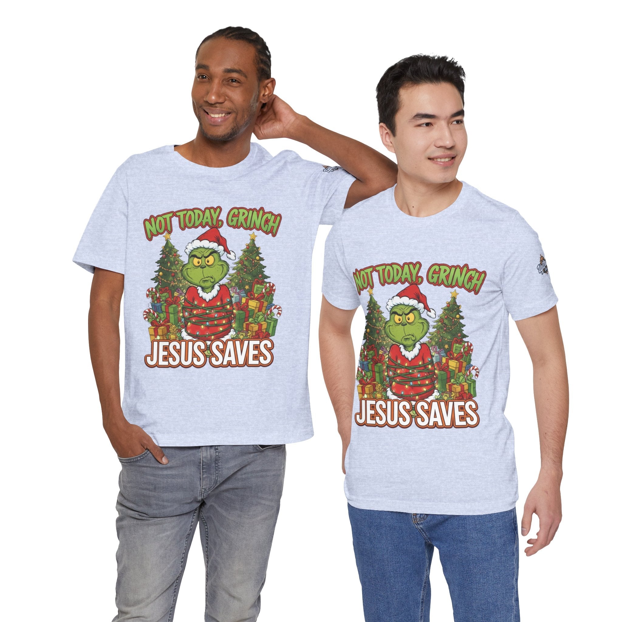 🎄 Not Today, Grinch – Jesus Saves | Funny Christian Christmas T-Shirt | Sulking Grinch & Glowing Cross | Bold Neon Faith Tee by Uplifted Gear Printify