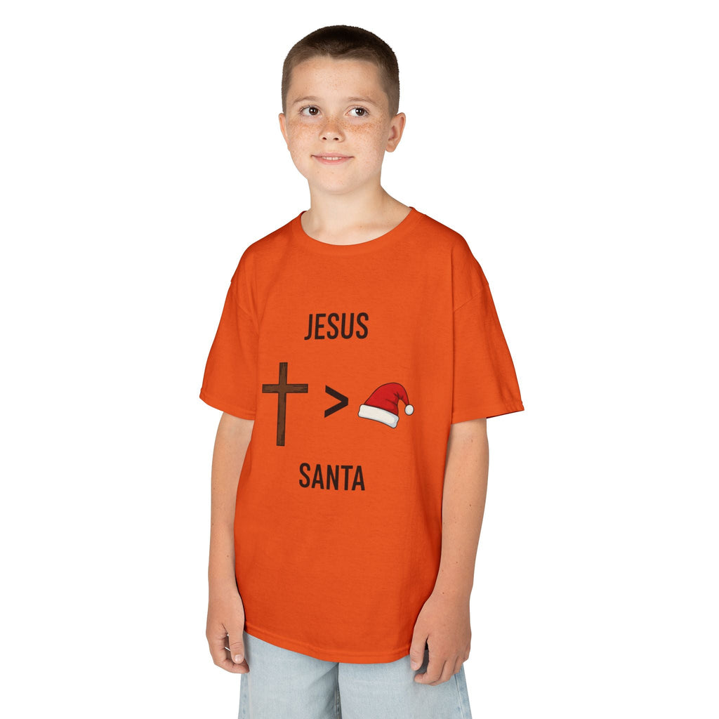 🎄 Jesus > Santa – Minimalist Christian Christmas Kids T-Shirt | Bold Faith Over Holiday Tee | Cross vs Santa Hat Design | Uplifted Gear Printify