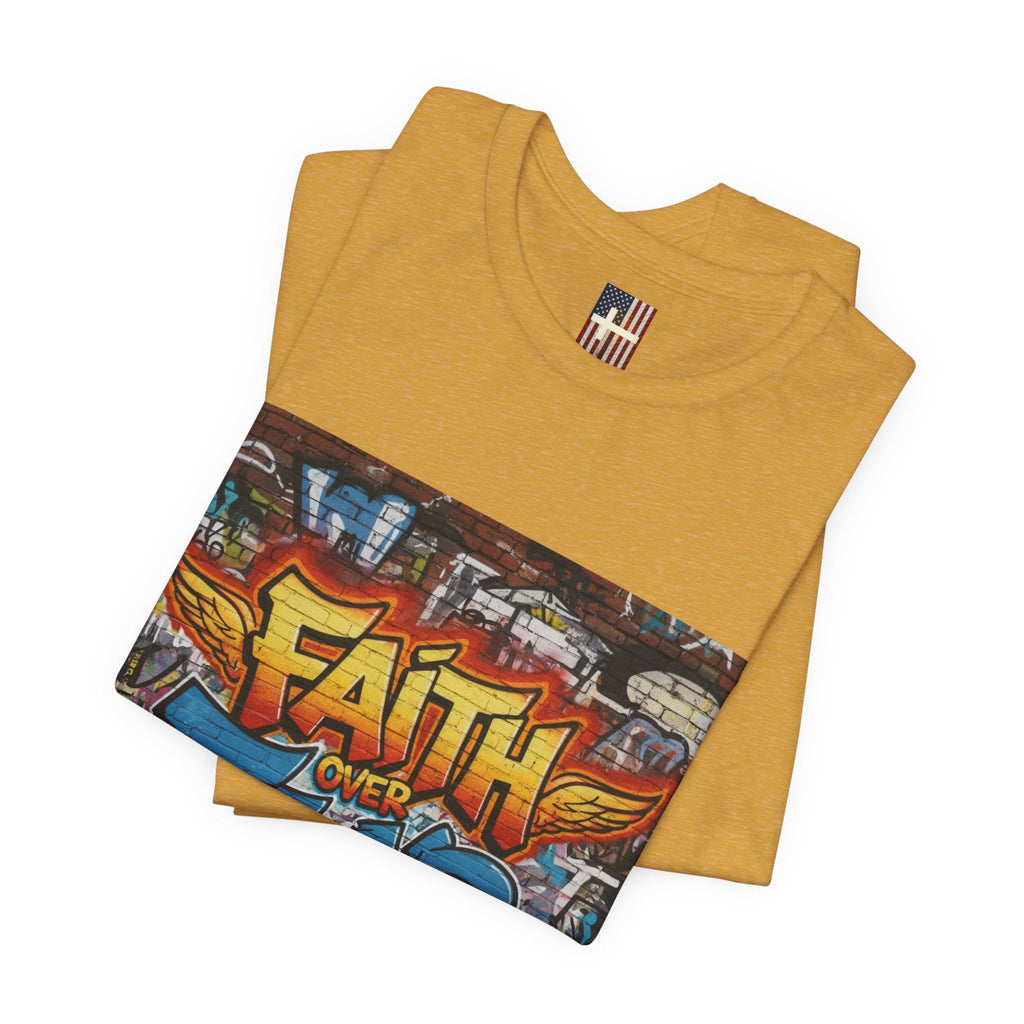 Faith Over Fear T-shirt – Graffiti Wall Christian T-shirt for Bold 2 Corinthians 5:7 Streetwear & Unshakable Faith Printify