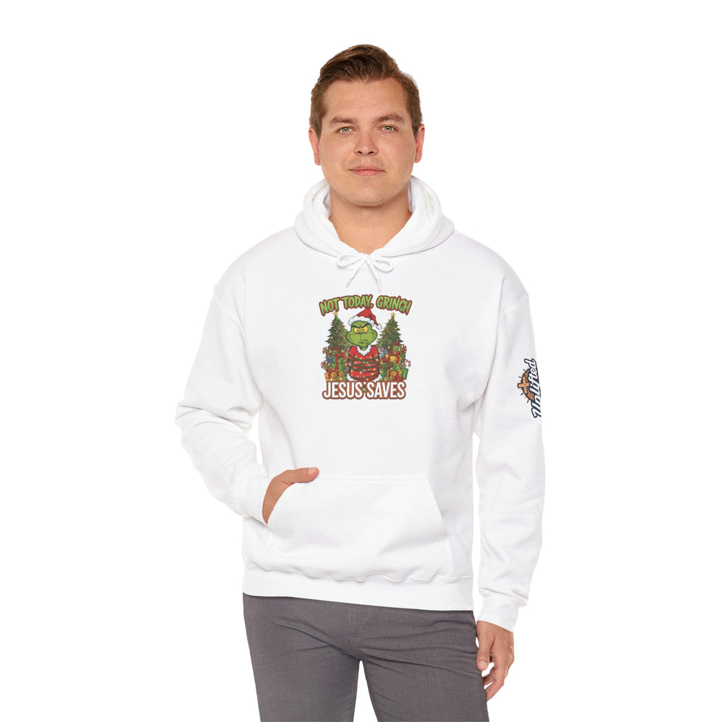 🎄 Not Today, Grinch – Jesus Saves | Funny Christian Christmas Hoodie | Sulking Grinch & Glowing Cross | Bold Neon Faith Tee by Uplifted Gear Printify