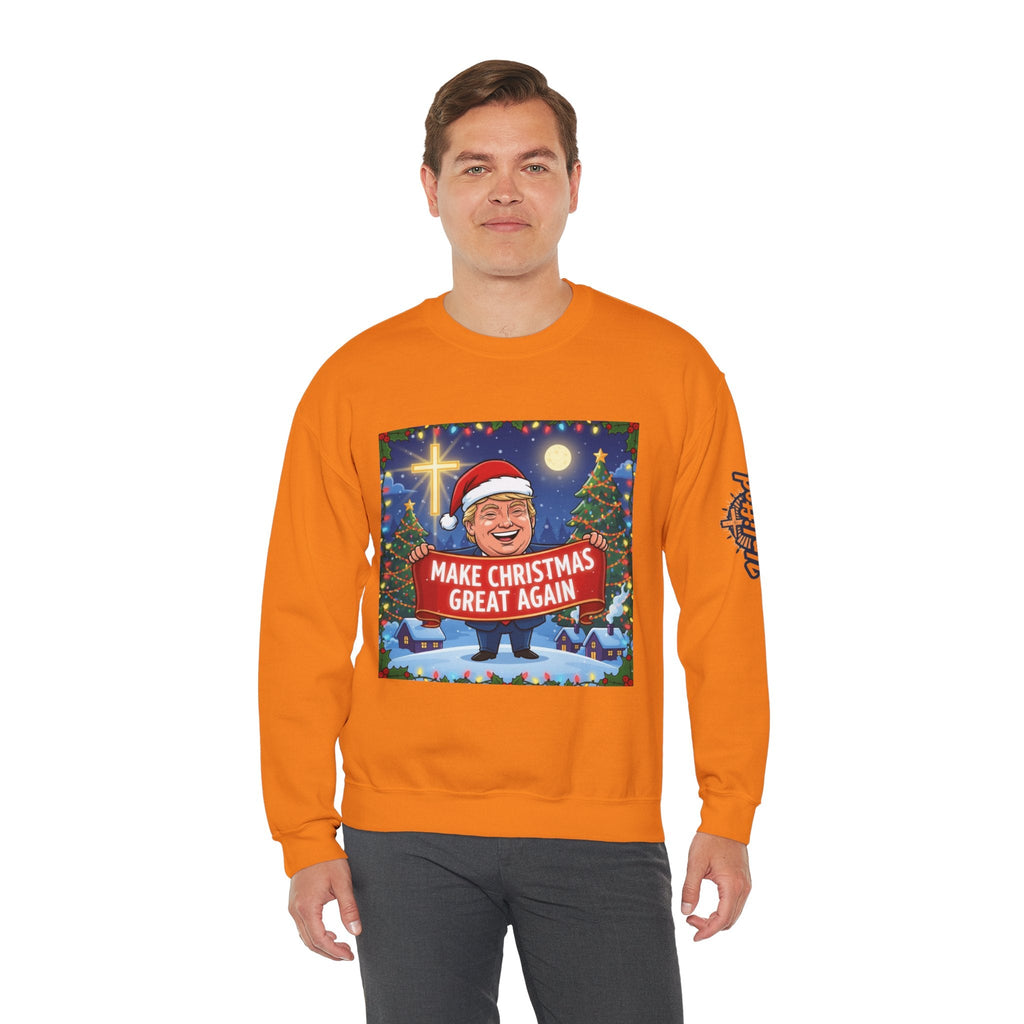 🎄 Make Christmas Great Again – Patriotic Christian Christmas Sweatshirt | Bold Holiday Faith Tee | Red & White Banner Design | Uplifted Gear Printify