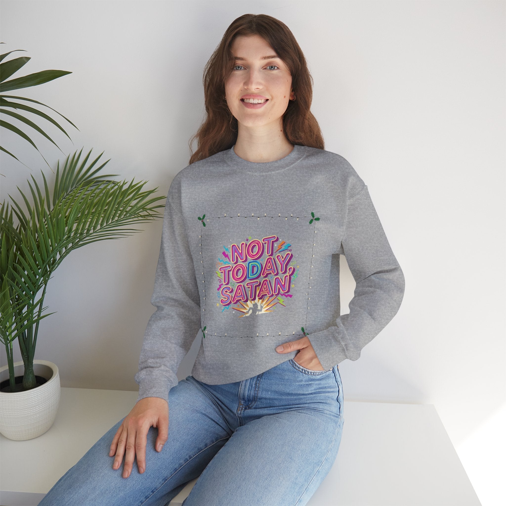 🔥 Not Today, Satan – Retro 90s Christian Sweatshirt | Neon Faith Tee | Funky Cartoon Devil | Bold Bible Verse Shirt | Uplifted Gear Printify