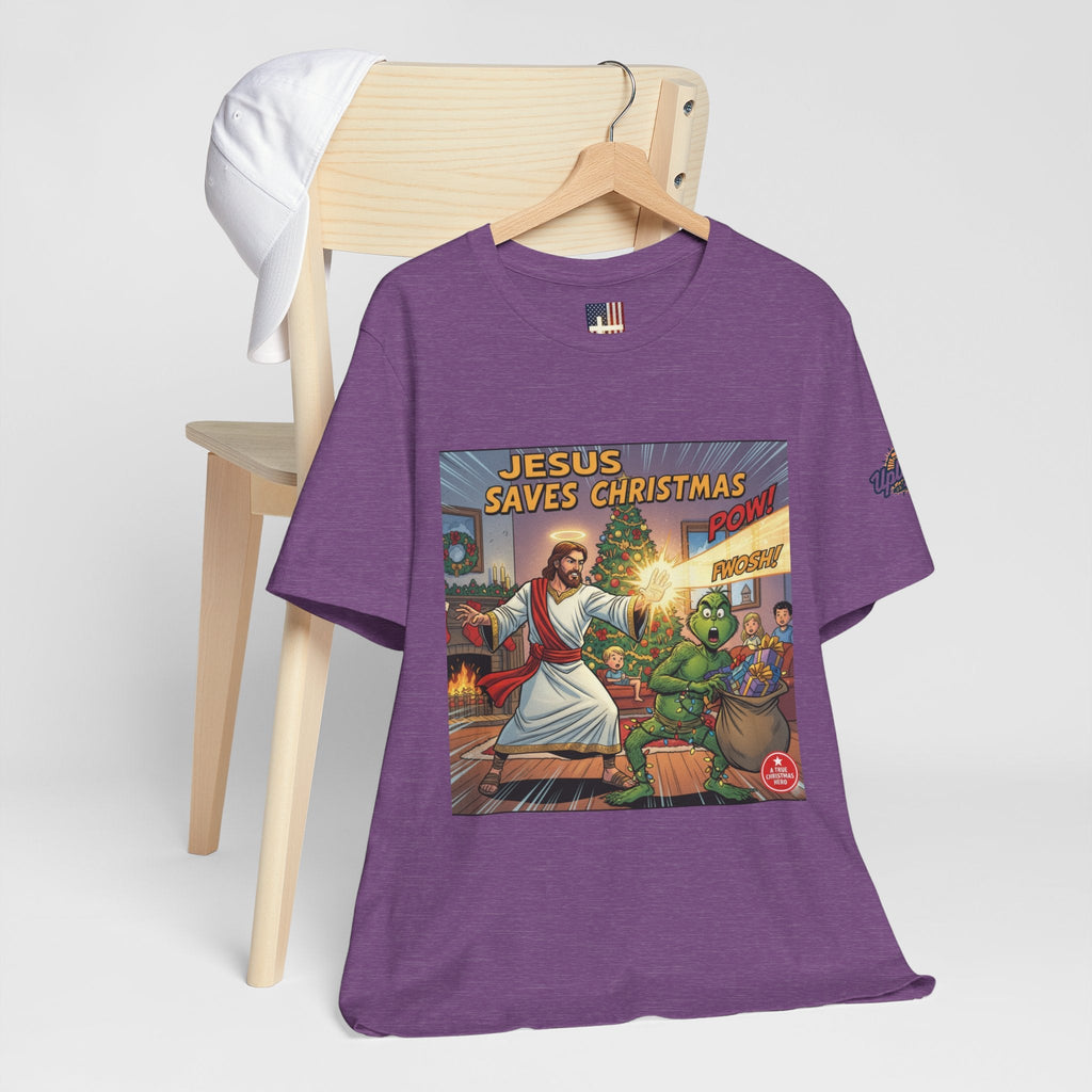 Jesus Saves Christmas T-shirt – Grinch vs Savior Light Battle Christian T-shirt for Hilarious Holiday Faith & True Joy Printify