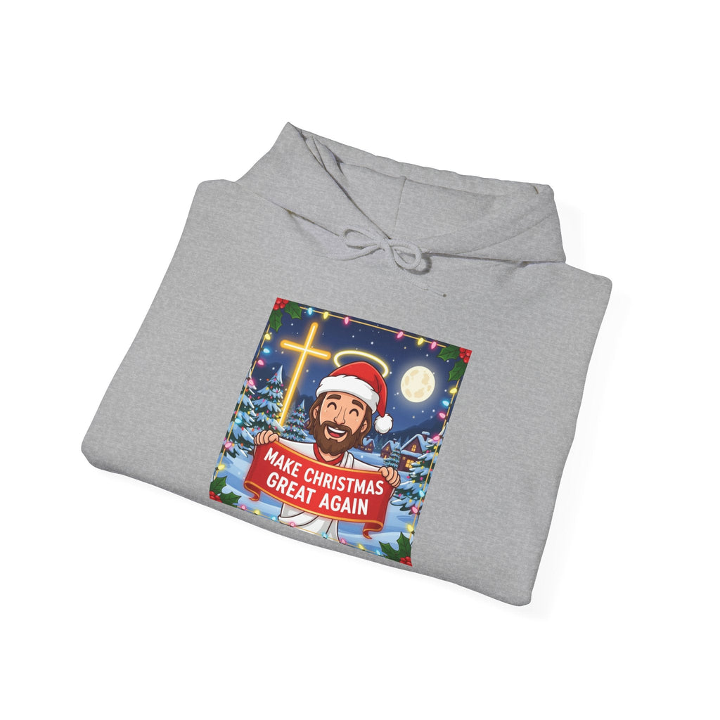 🎄 Make Christmas Great Again – Funny Christian Hoodie | Jesus Holding Banner | Faith-Based Holiday Parody Tee | Uplifted Gear Printify