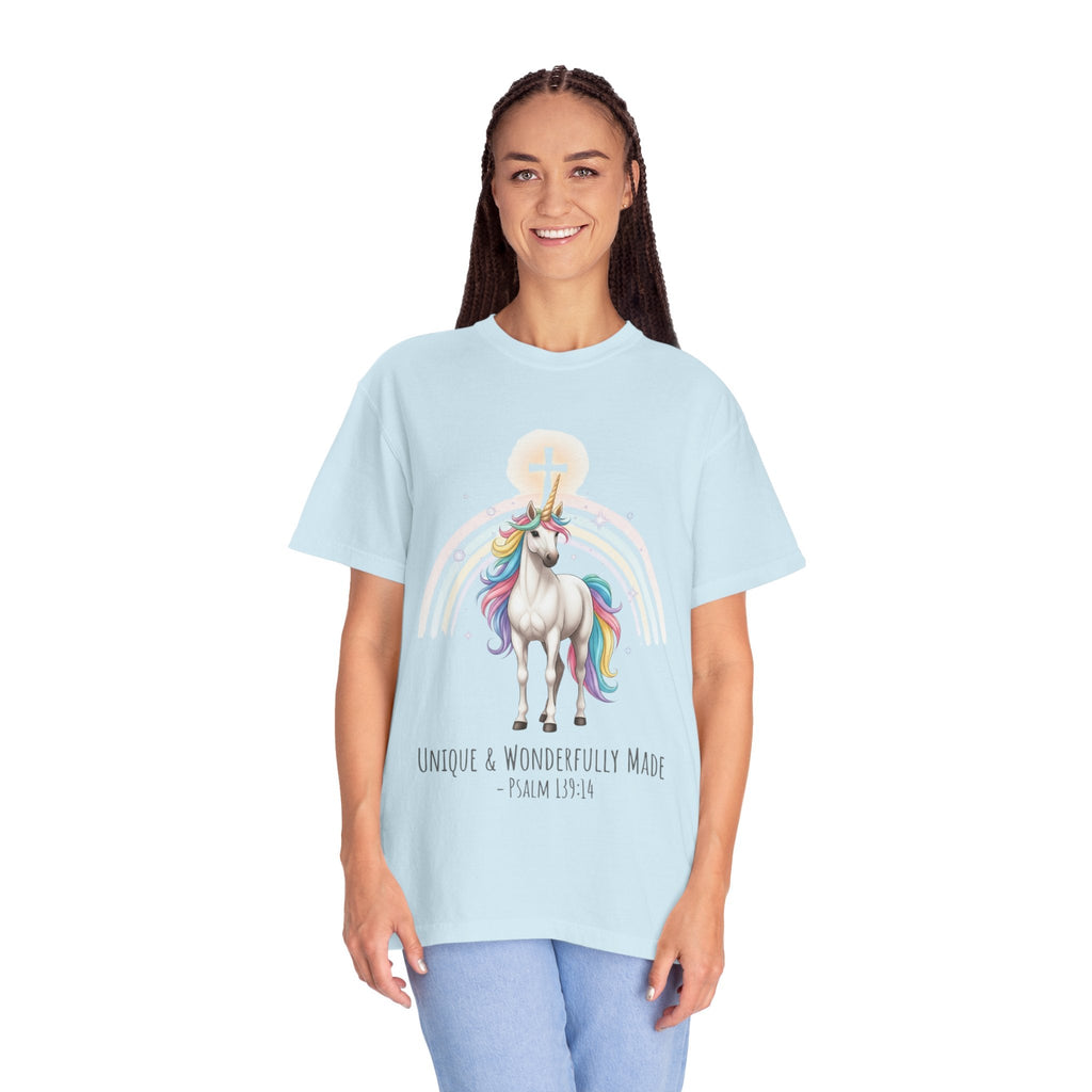 Unique Unicorn Christian T-Shirt – Wonderfully Made with Rainbow Cross & Psalm 139:14 Printify
