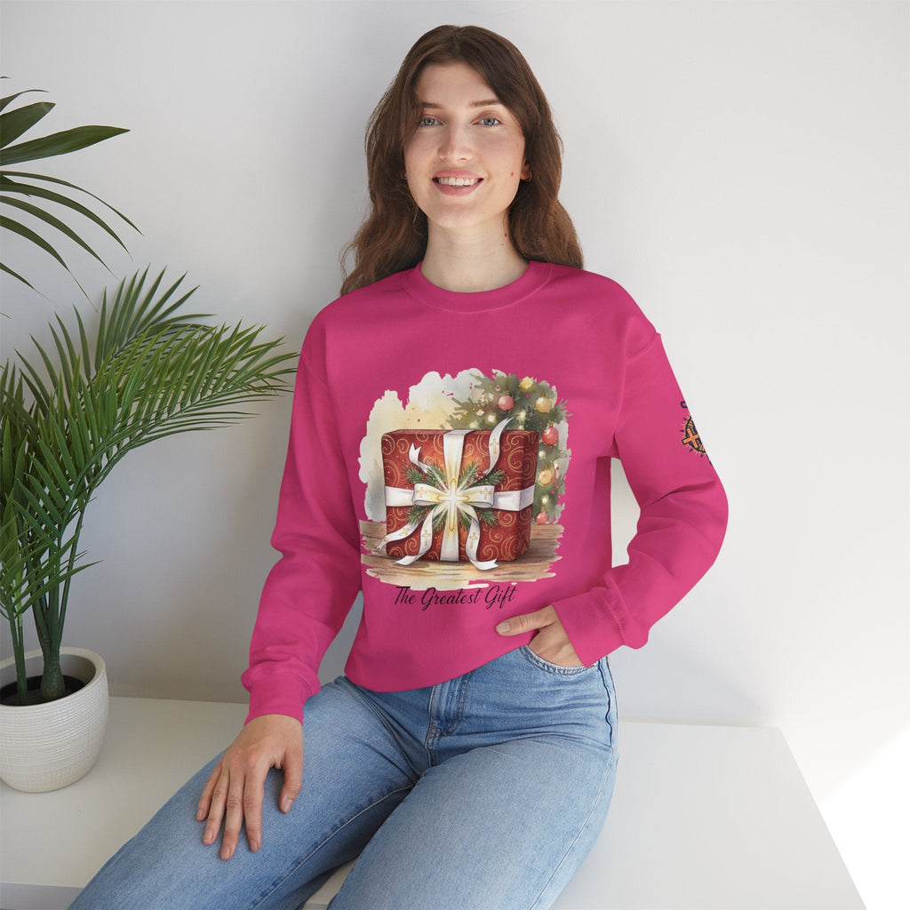 The Greatest Gift Sweatshirt – Cross Bow Present Christian Sweatshirt for Christmas Salvation & Eternal Faith Printify
