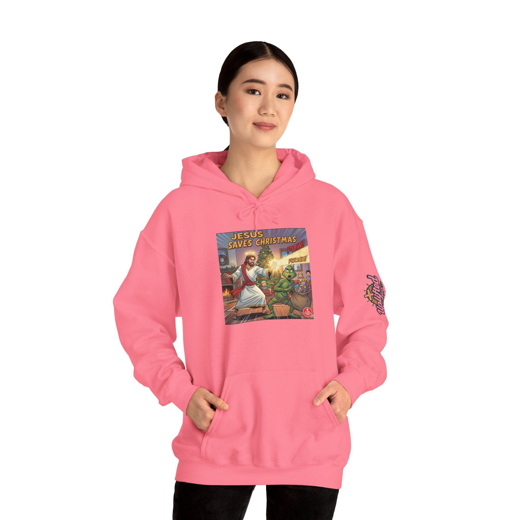 Jesus Saves Christmas Hoodie – Grinch vs Savior Light Battle Christian Sweatshirt for Hilarious Holiday Faith & True Joy Printify