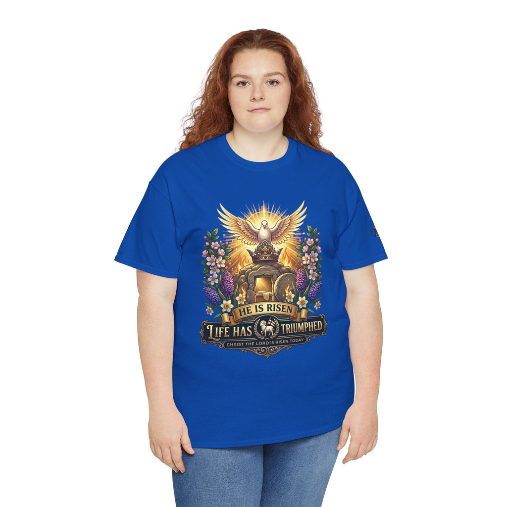 He Is Risen "Life Has Triumphed" T-Shirt — Easter Resurrection Christian Tee Printify