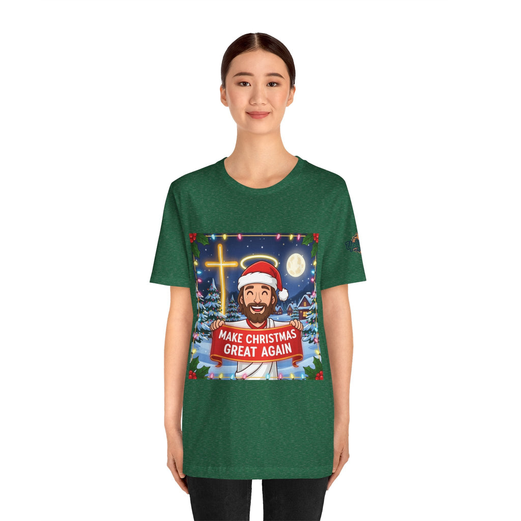 🎄 Make Christmas Great Again – Funny Christian T-Shirt | Jesus Holding Banner | Faith-Based Holiday Parody Tee | Uplifted Gear Printify