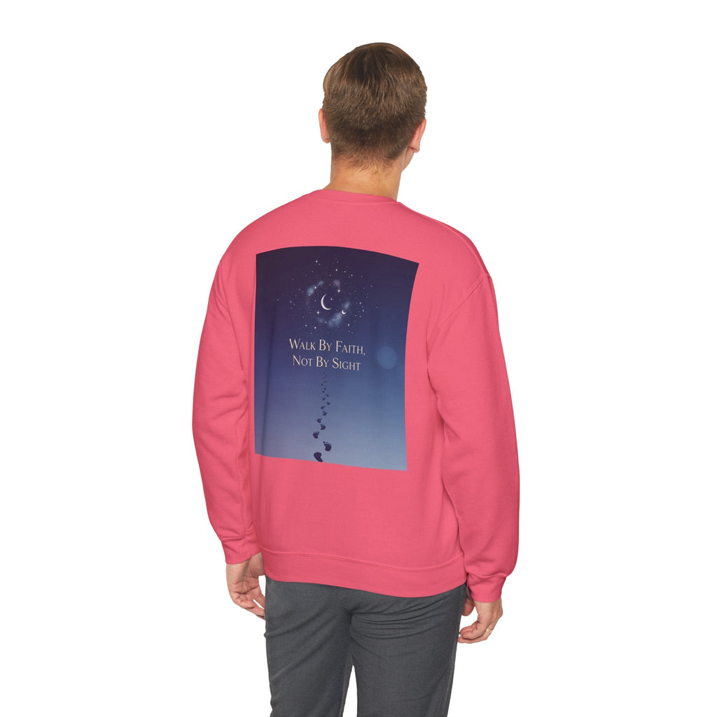 Walk by Faith, Not by Sight Sweatshirt – Moonlit Footprints Christian Sweatshirt for Cozy Nights Printify