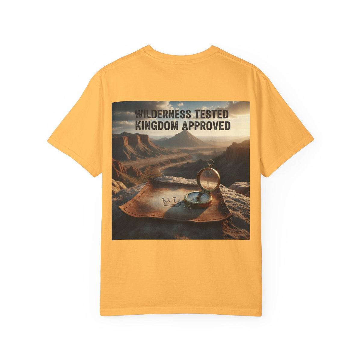 Wilderness Tested Kingdom Approved T-shirt – Mountain Desert Compass Crown Christian T-shirt for Biblical Adventure Faith Printify