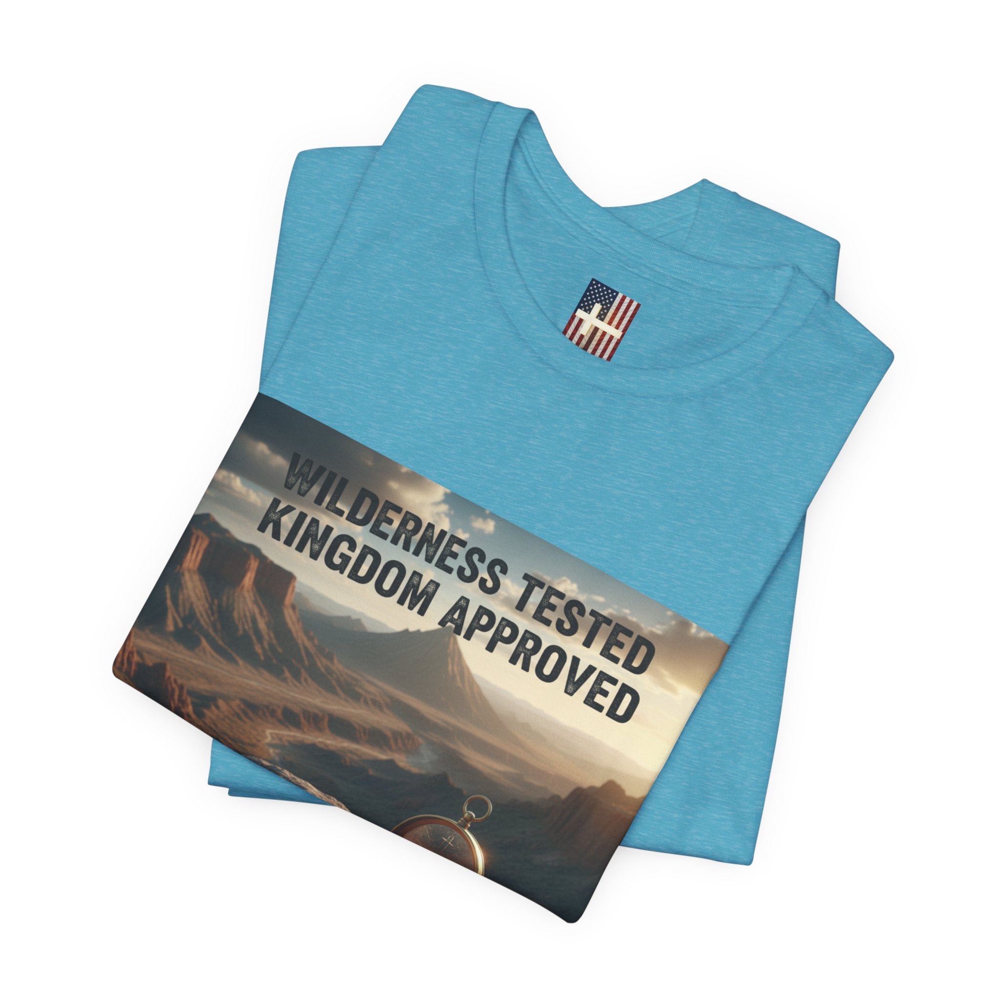 Wilderness Tested Kingdom Approved T-shirt – Mountain Desert Compass Crown Christian T-shirt for Biblical Adventure Faith Printify
