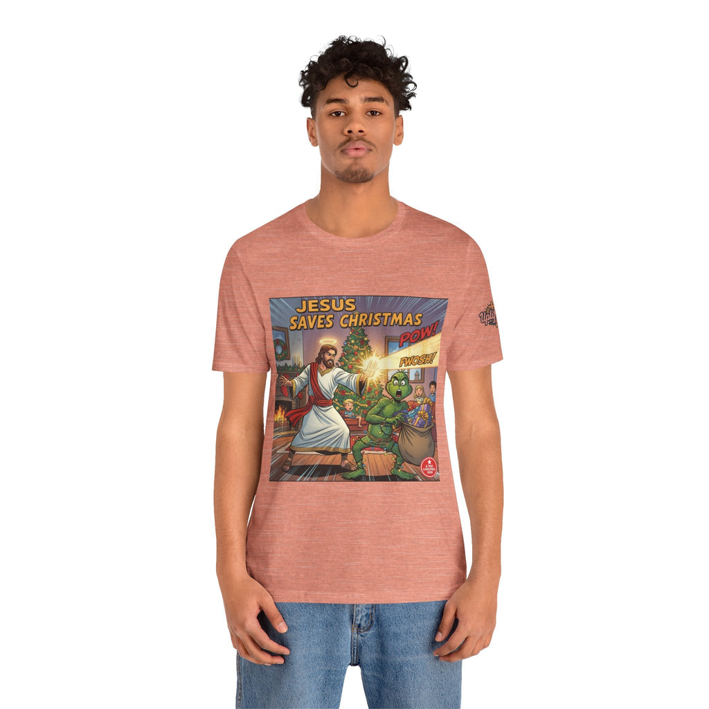 Jesus Saves Christmas T-shirt – Grinch vs Savior Light Battle Christian T-shirt for Hilarious Holiday Faith & True Joy Printify