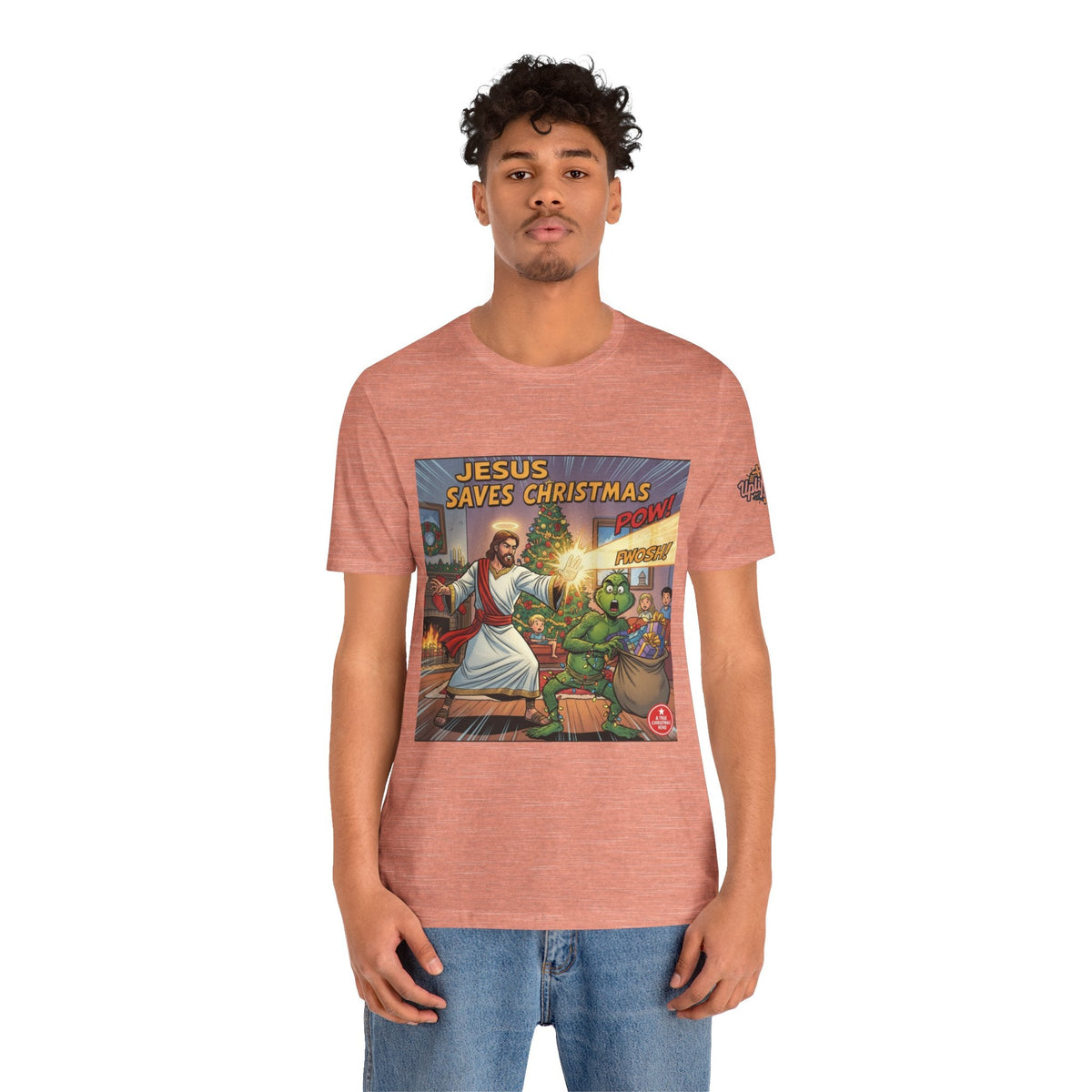 Jesus Saves Christmas T-shirt – Grinch vs Savior Light Battle Christian T-shirt for Hilarious Holiday Faith & True Joy Printify