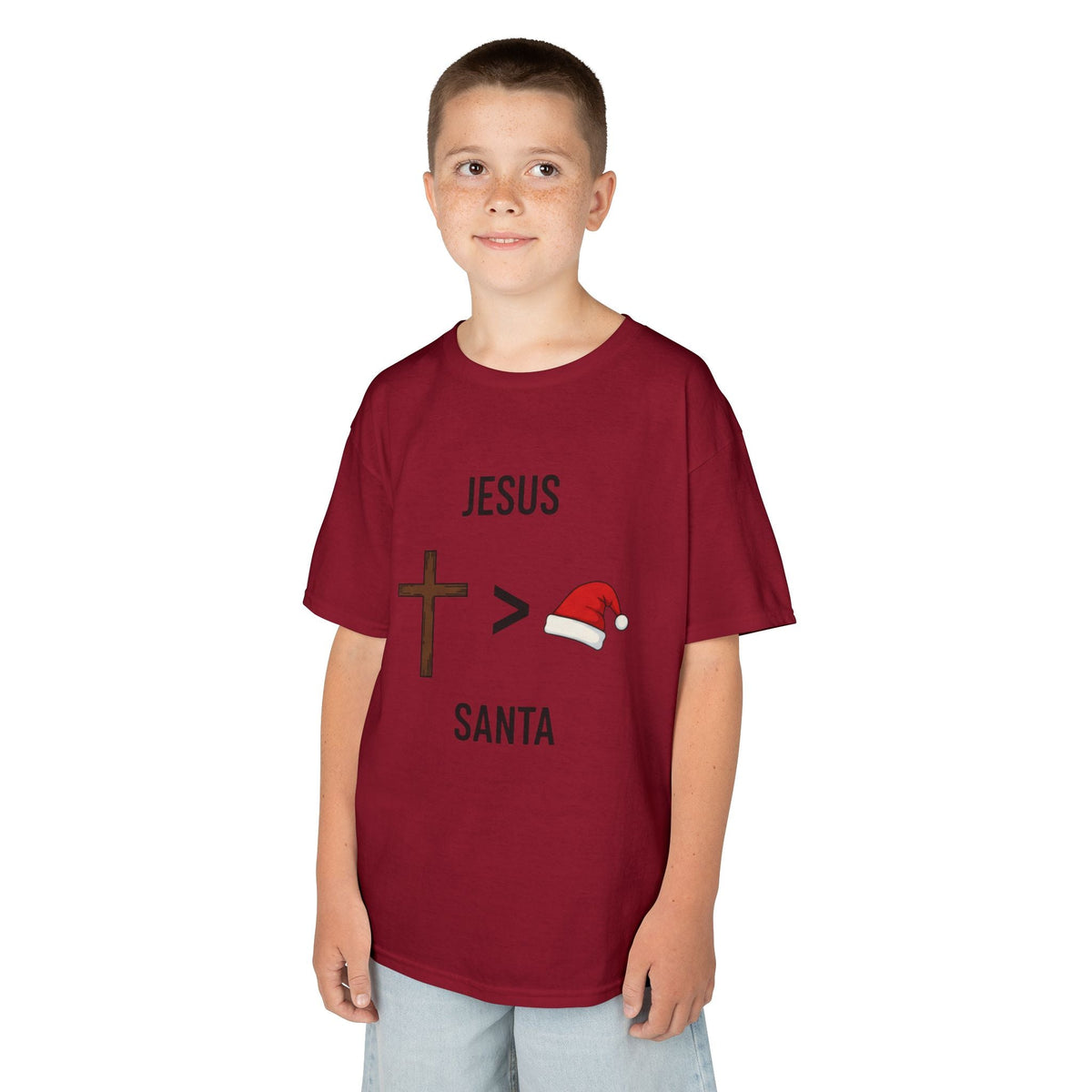🎄 Jesus > Santa – Minimalist Christian Christmas Kids T-Shirt | Bold Faith Over Holiday Tee | Cross vs Santa Hat Design | Uplifted Gear Printify