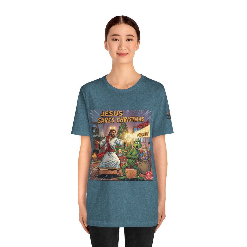 Jesus Saves Christmas T-shirt – Grinch vs Savior Light Battle Christian T-shirt for Hilarious Holiday Faith & True Joy Printify