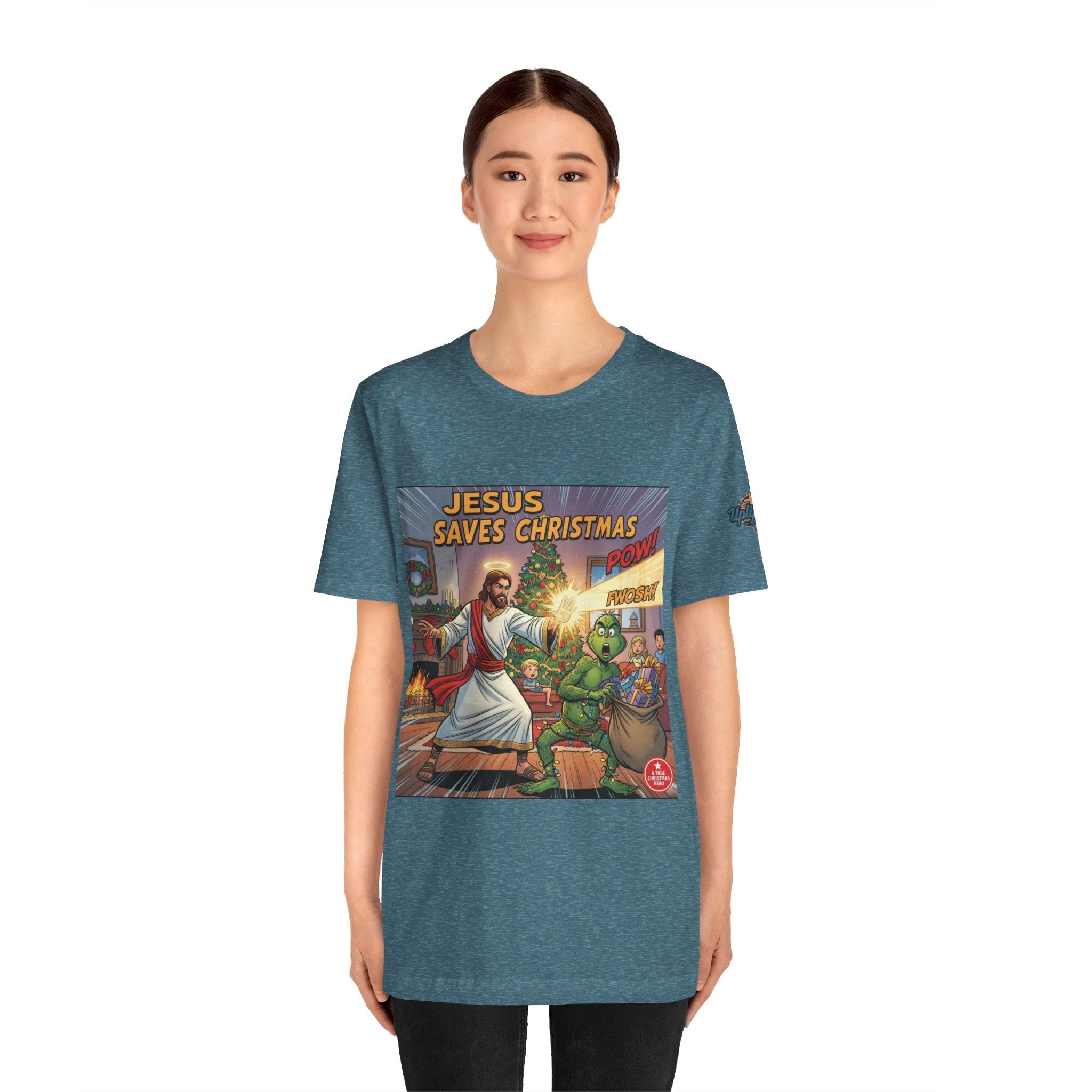 Jesus Saves Christmas T-shirt – Grinch vs Savior Light Battle Christian T-shirt for Hilarious Holiday Faith & True Joy Printify