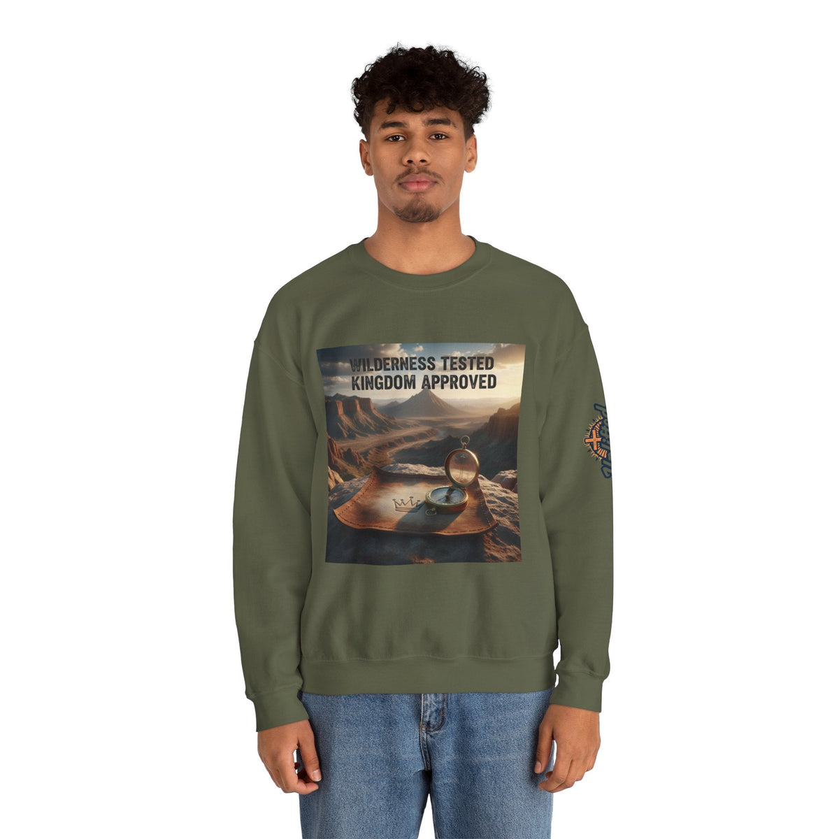 Wilderness Tested Kingdom Approved Sweatshirt – Mountain Desert Compass Crown Christian Sweatshirt for Biblical Adventure Faith Printify