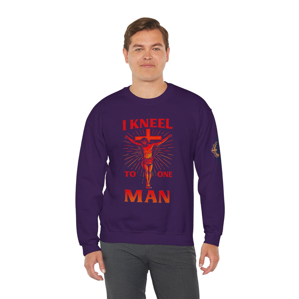 I Kneel to One Man Sweatshirt – Crucifixion Christian Sweatshirt for Unashamed Devotion & Bold Faith Printify