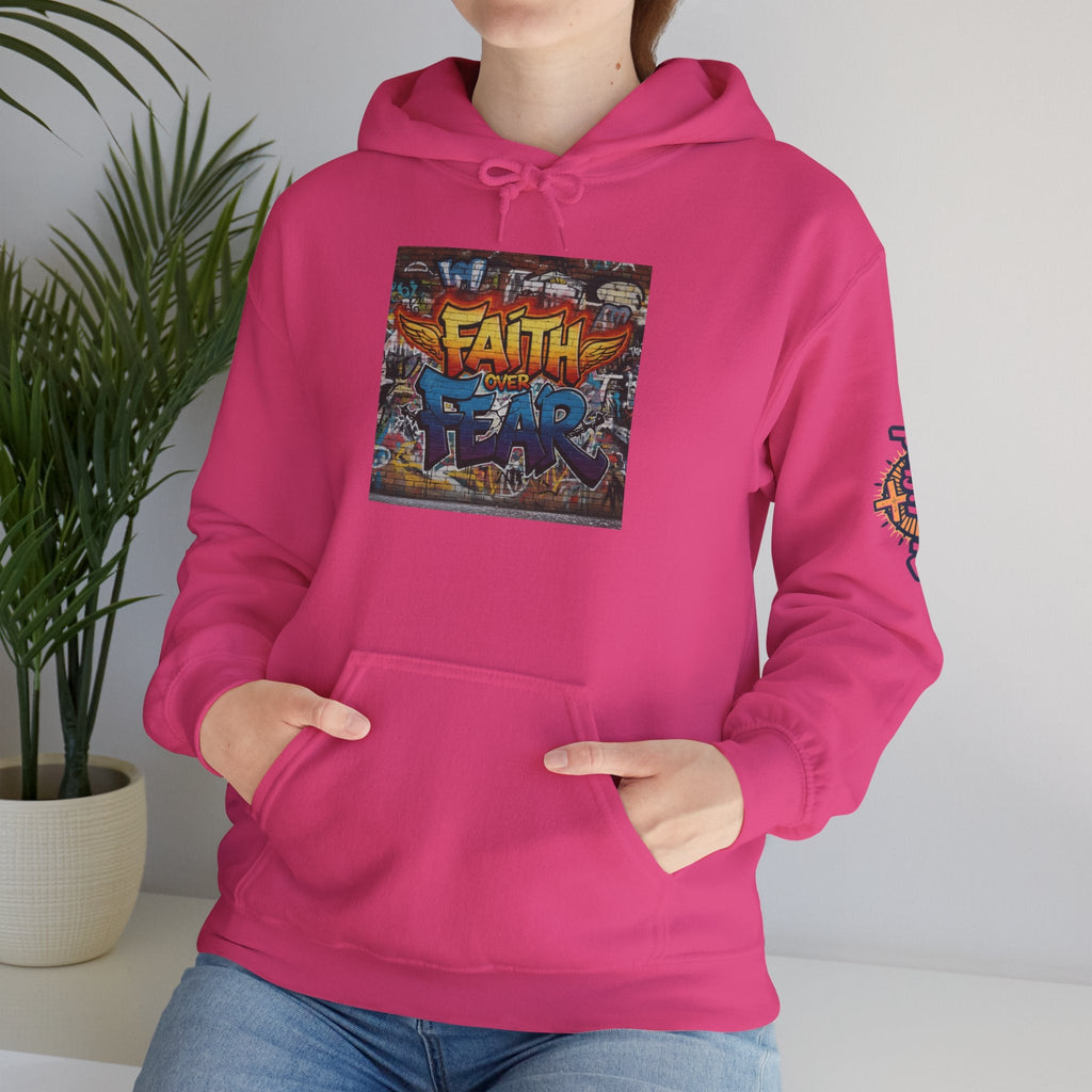Faith Over Fear Hoodie – Graffiti Wall Christian Sweatshirt for Bold 2 Corinthians 5:7 Streetwear & Unshakable Faith Printify