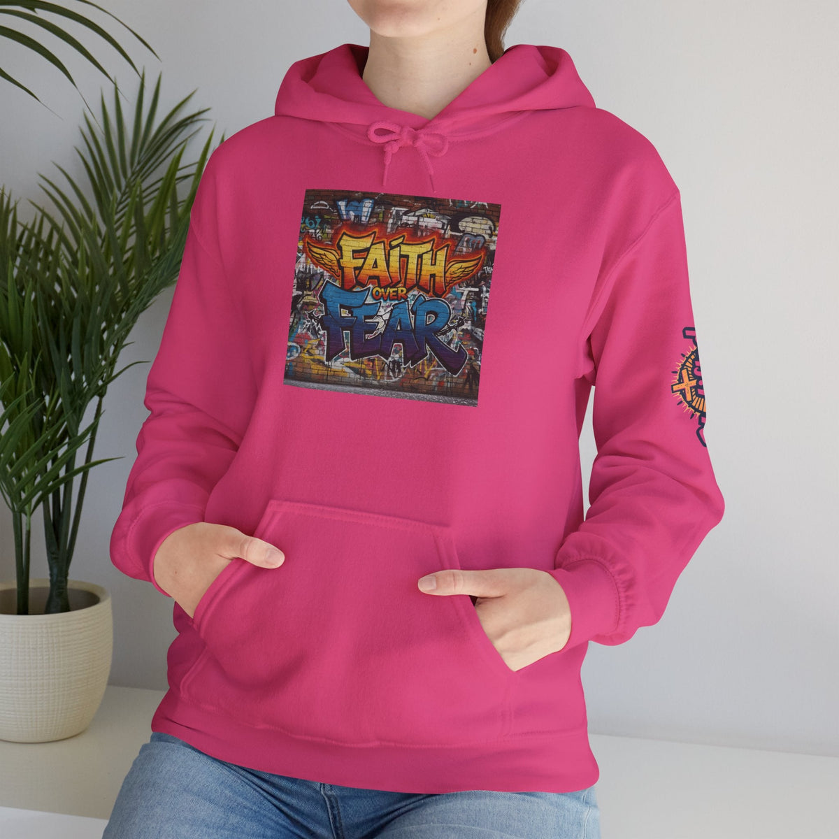 Faith Over Fear Hoodie – Graffiti Wall Christian Sweatshirt for Bold 2 Corinthians 5:7 Streetwear & Unshakable Faith Printify