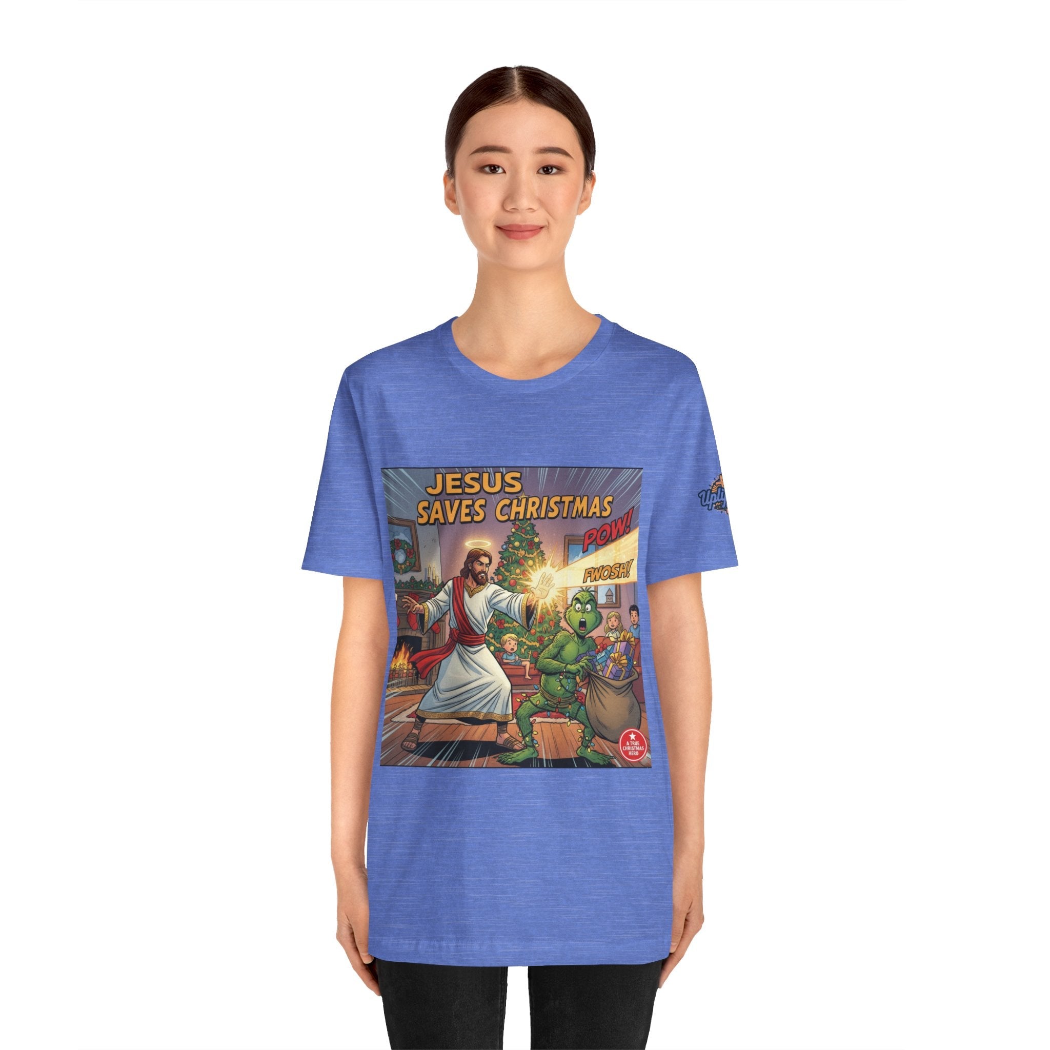 Jesus Saves Christmas T-shirt – Grinch vs Savior Light Battle Christian T-shirt for Hilarious Holiday Faith & True Joy Printify