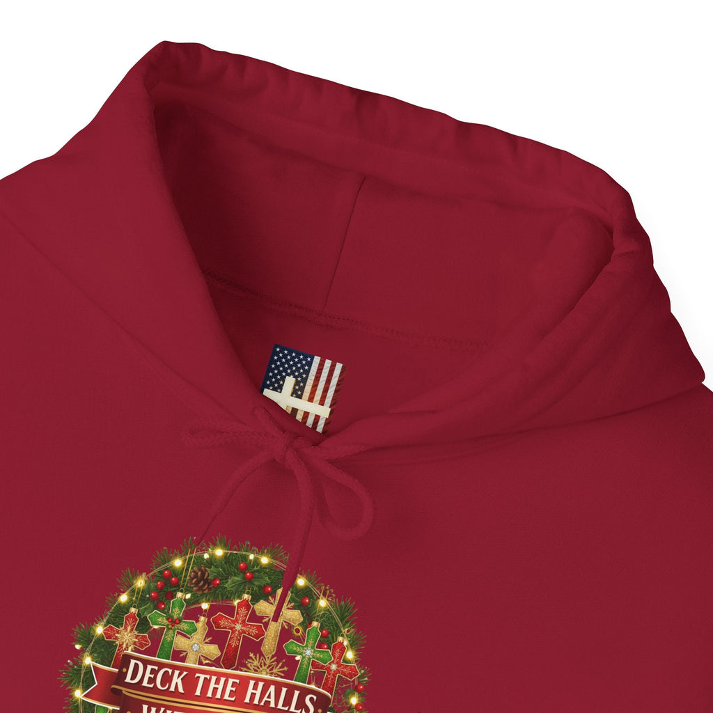 🎄 Deck the Halls with Faith – Christian Christmas Hoodie | Cross Ornament Design & Festive Garland | Bold Holiday Faith Tee by Uplifted Gear Printify