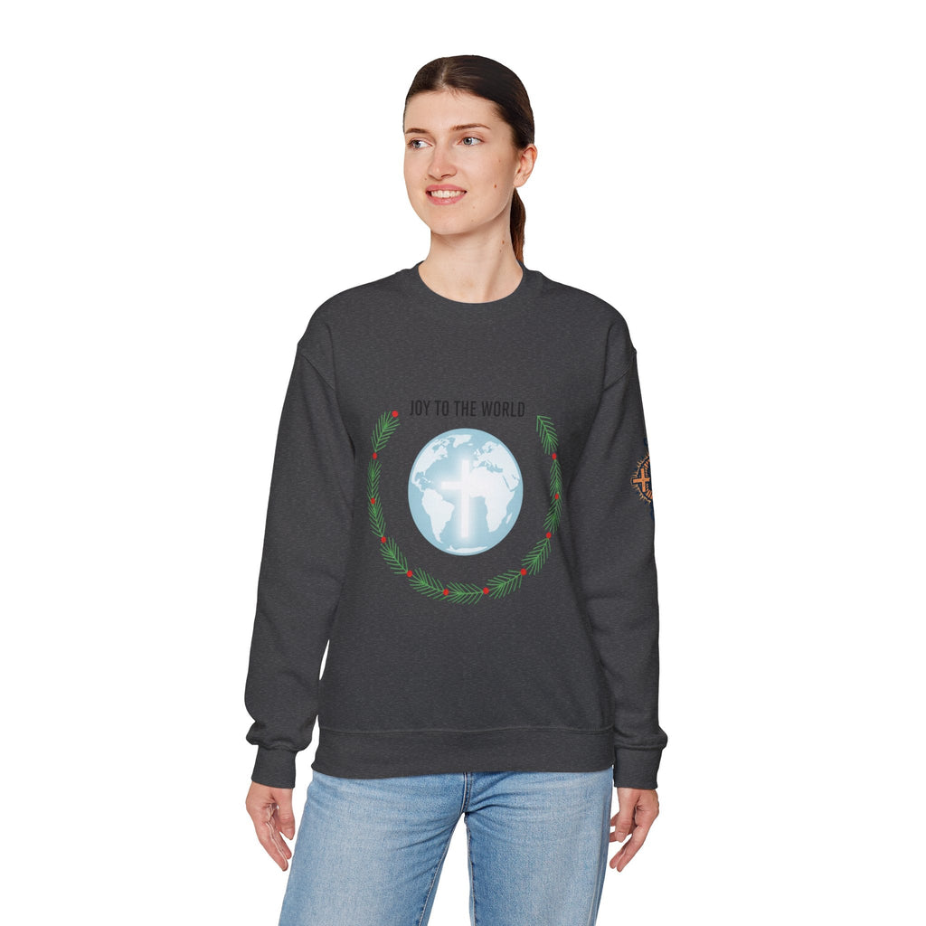 Joy to the World Sweatshirt – Wreath Earth Nativity Christian Christmas Sweatshirt for Isaiah 9:6 Holiday Faith & Festive Joy Printify