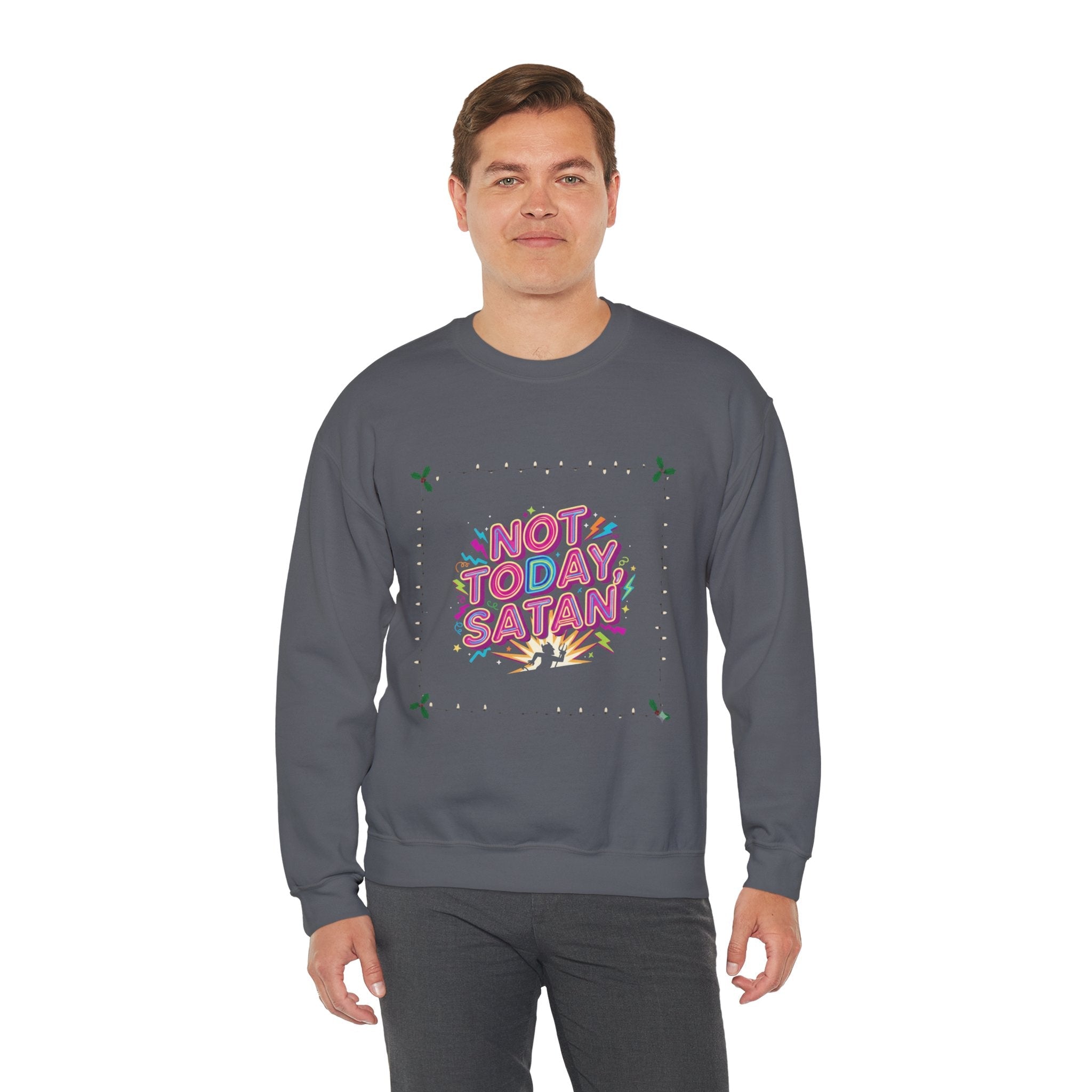 🔥 Not Today, Satan – Retro 90s Christian Sweatshirt | Neon Faith Tee | Funky Cartoon Devil | Bold Bible Verse Shirt | Uplifted Gear Printify